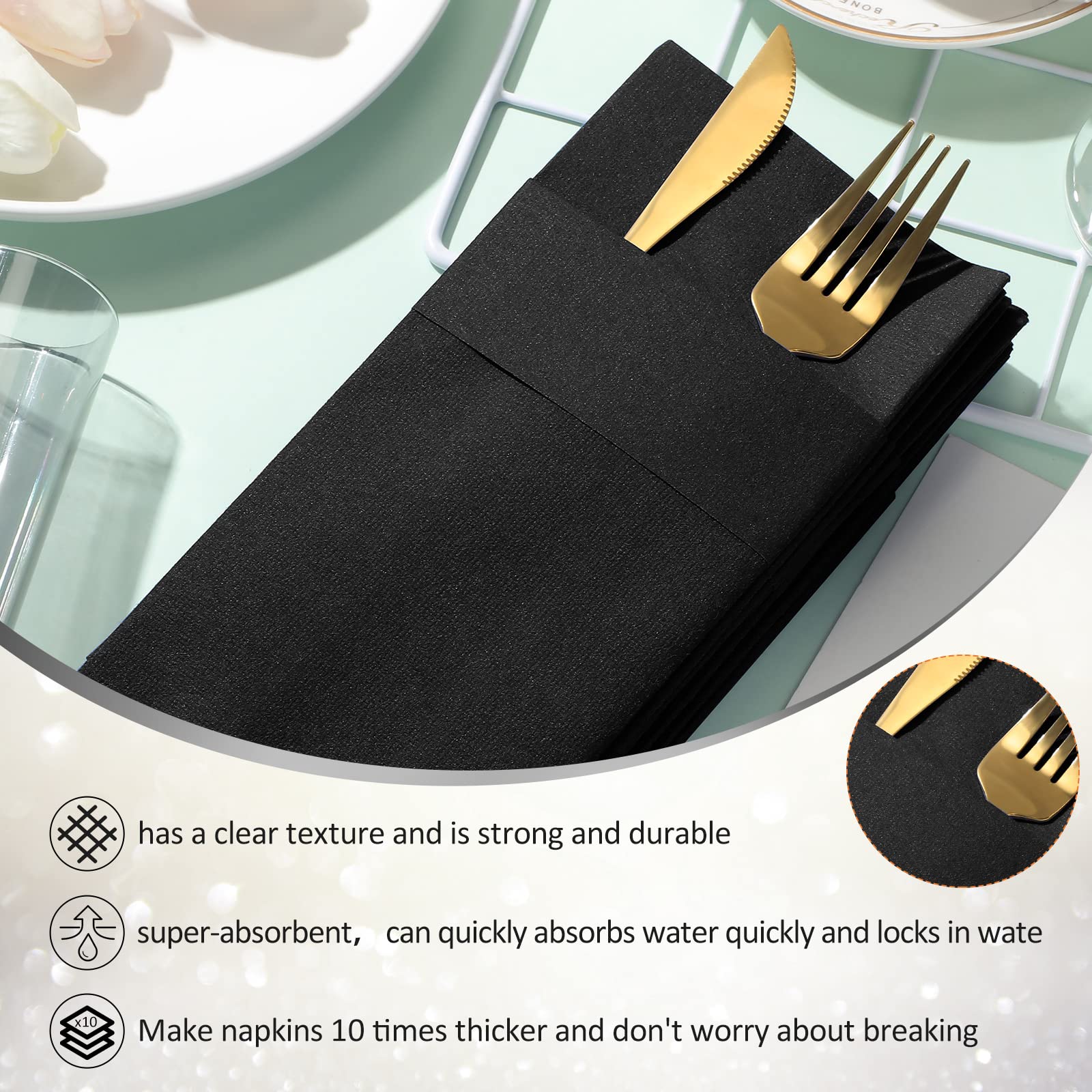 150-Pack Premium Linen-Like Disposable Paper Napkins - Prefolded Dinner Napkins with Built-in Silverware Pocket - Elegant Black for Weddings, Bridal Showers & Valentine's Day Parties - Perfect for Formal Dining, Catering Events & Upscale Gatherings