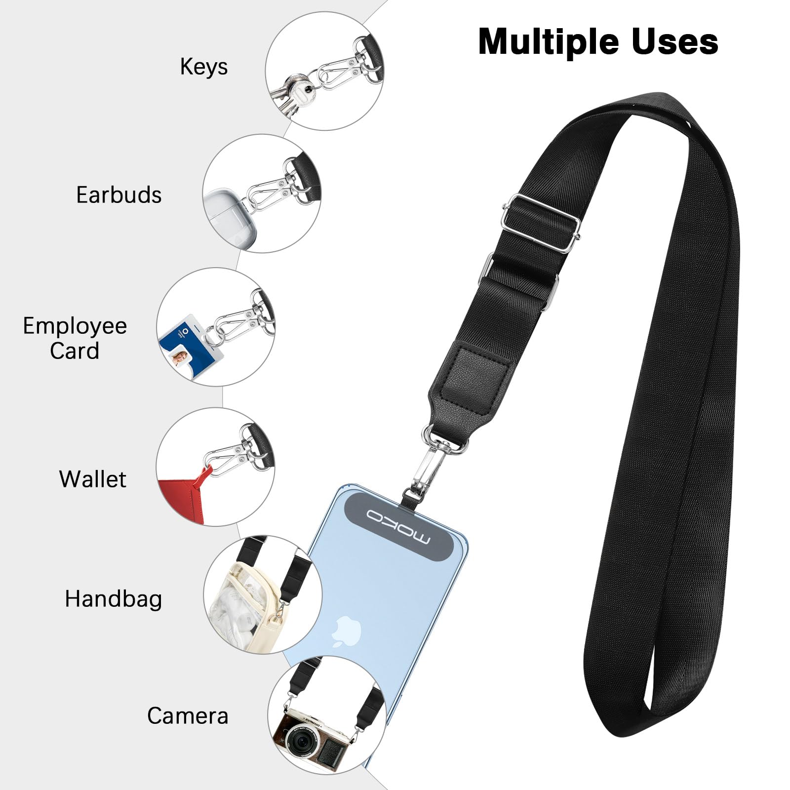 MoKo Adjustable Phone Lanyard with Wallet Pouch - for iPhone & Samsung (Black) - Perfect for Travel & Events
