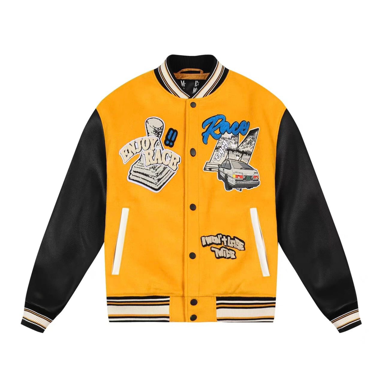 Mr Enjoy Da Money Initial D AE86 Varsity Racing Jacket - Yellow & Black Anime Streetwear for Car Enthusiasts & Japanese Pop Culture Fans