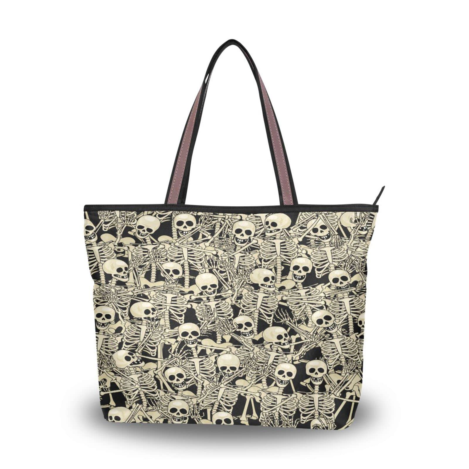 Gothic Skull Skeleton Tote Bag for Women - Reusable Zippered Shoulder Handbag, Stylish Beach Bag for Travel, Shopping & Daily Use