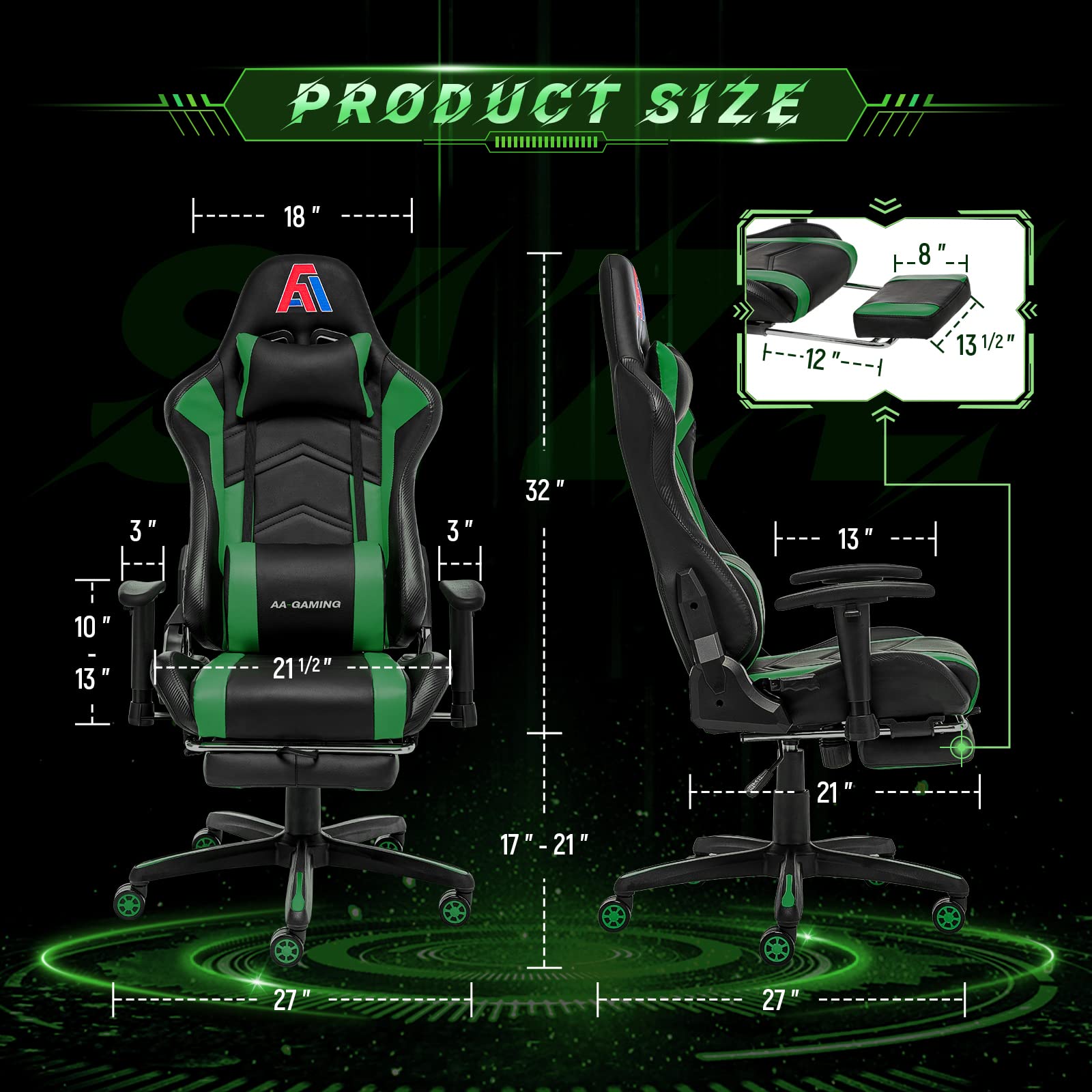 Premium Gaming Chair - High Back Ergonomic Computer Racing Chair with Adjustable Lumbar Support & Footrest - Swivel Office Gamer Chair for PC, PS5, Xbox - Black Green (Perfect for Esports, Streaming & Home Office)