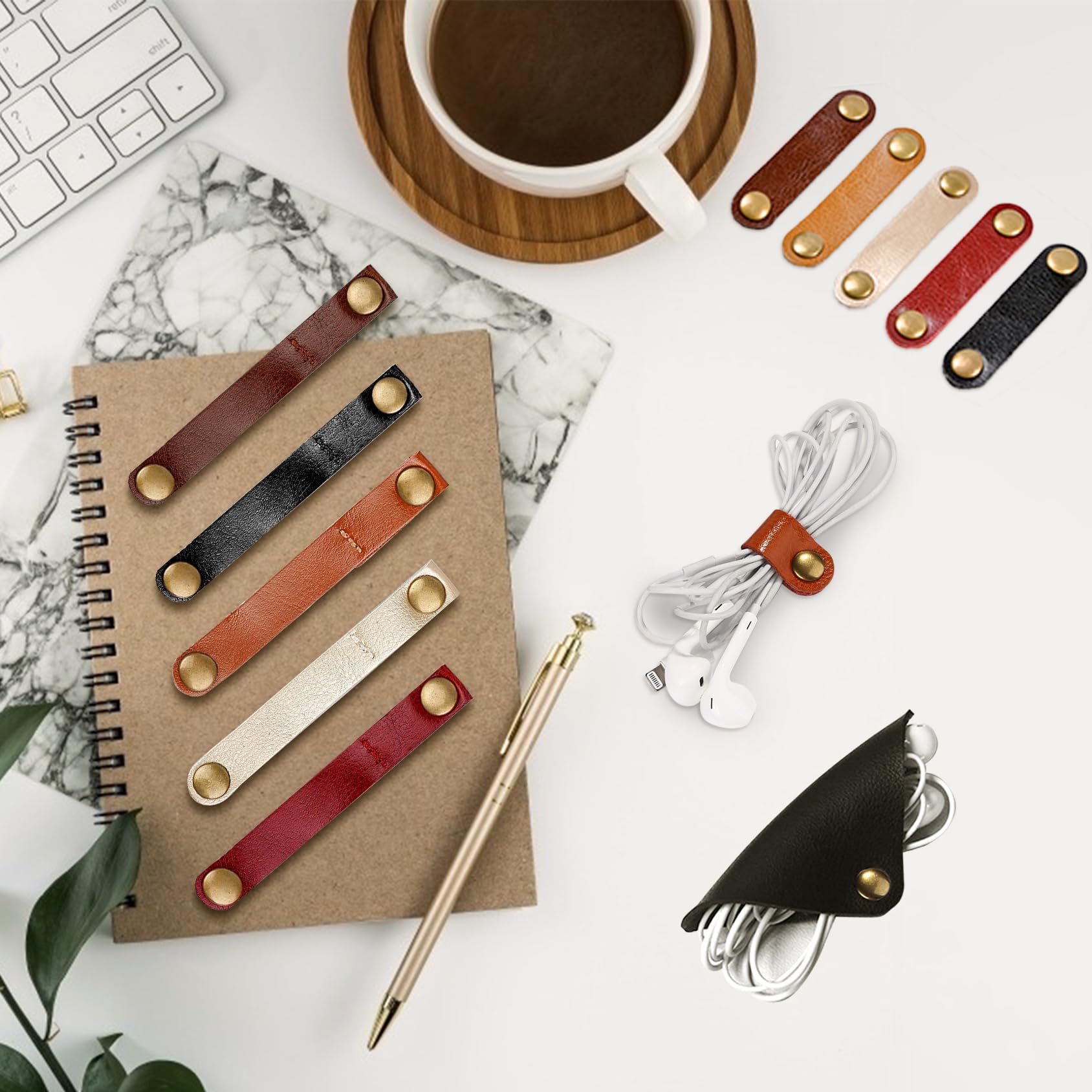 Premium Genuine Leather Cable Ties - 10 Long & 10 Short Cord Organizers with 2 Square Holders - Stylish Cord Winder for Home Office Desk, Travel, Electronics & Car Accessories Organization