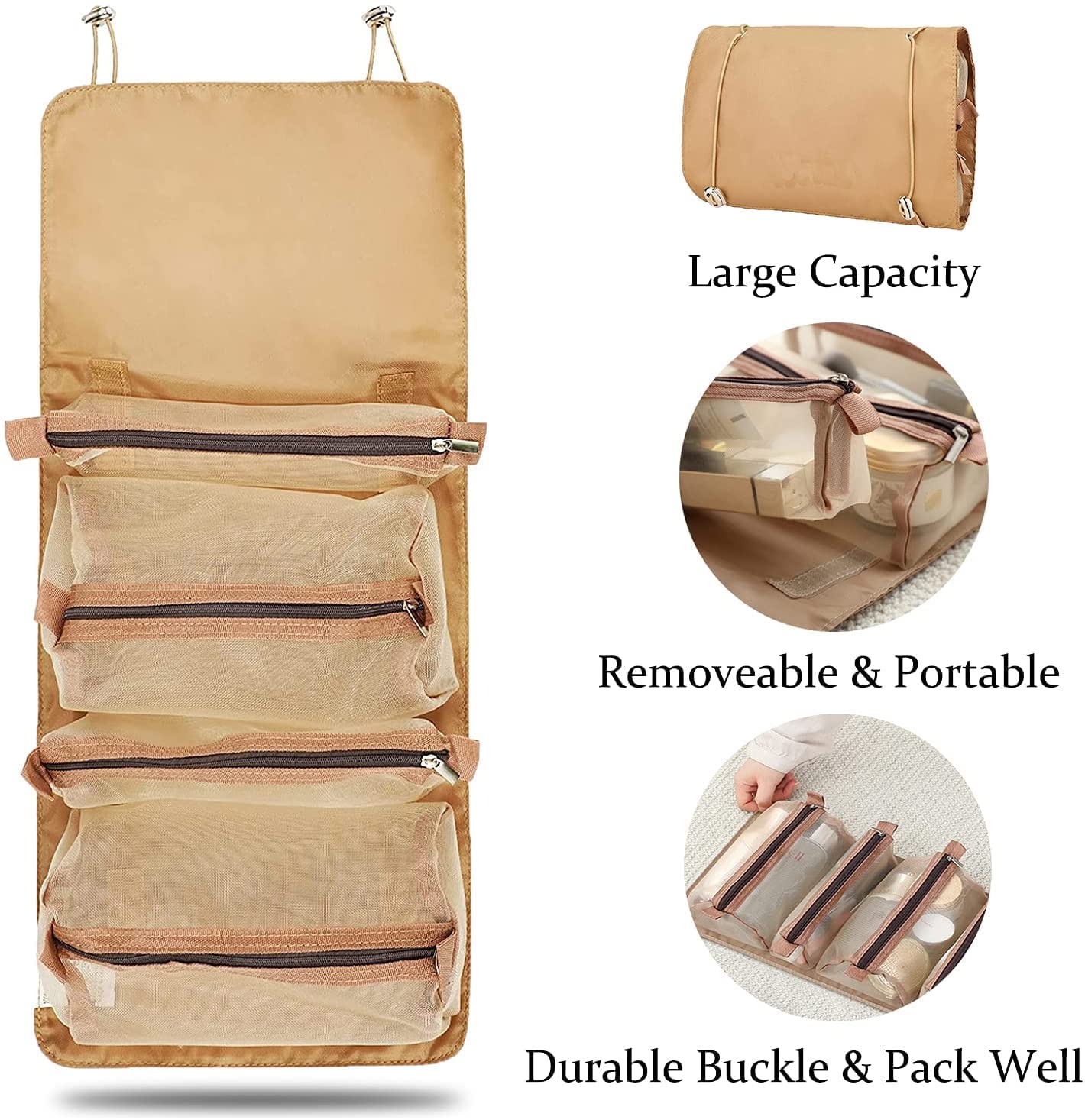 Keetly Waterproof Makeup Bag for Women - Travel Cosmetic Organizer Pouch with Multiple Pockets, Khaki | Perfect for Travel, Gym, and Daily Makeup Storage