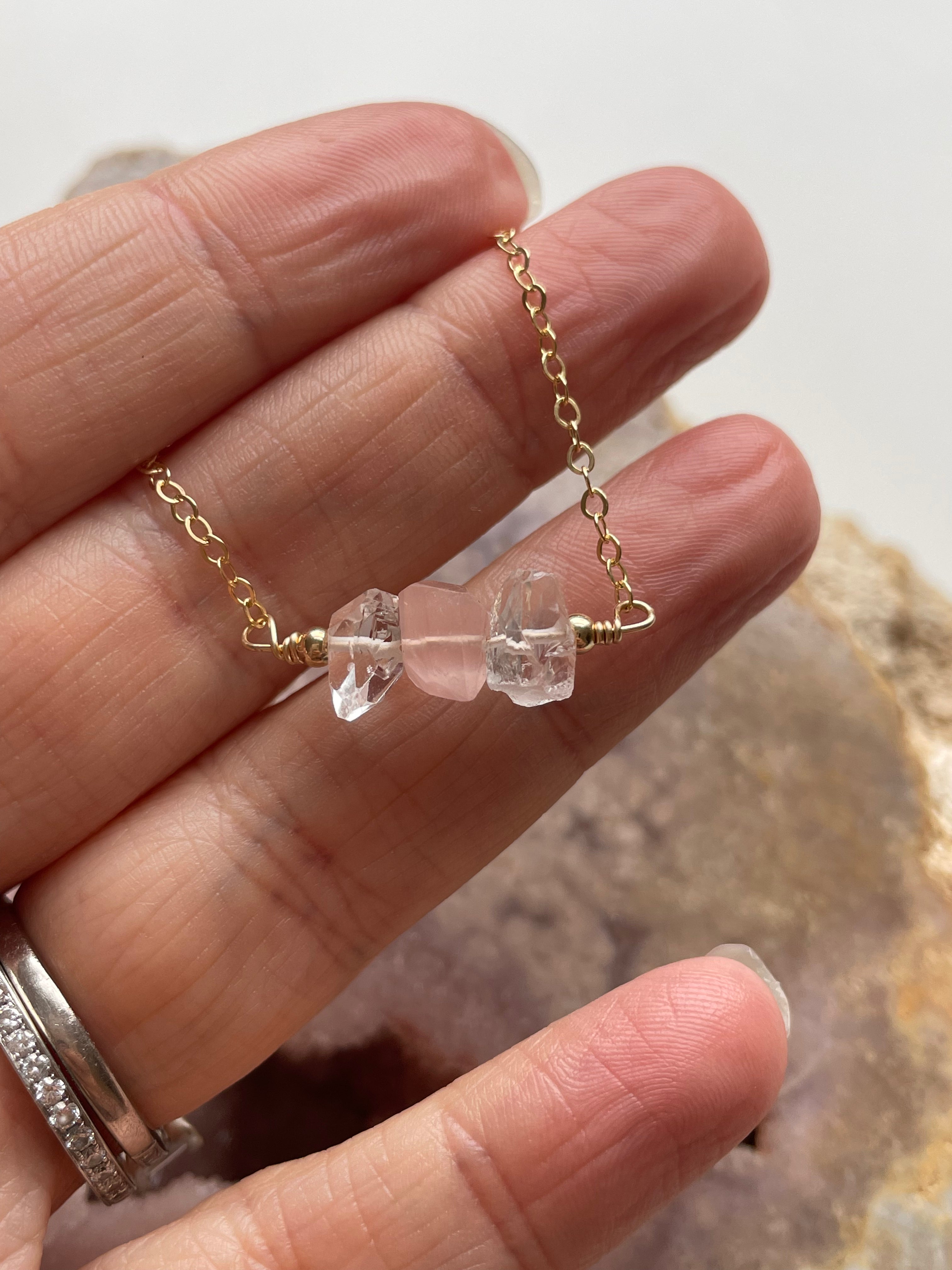 Elegant Feminine Crystal Necklace - Herkimer Diamond, Rose Quartz & Clear Quartz Pendant for Women | Perfect for Weddings, Date Nights & Spiritual Healing