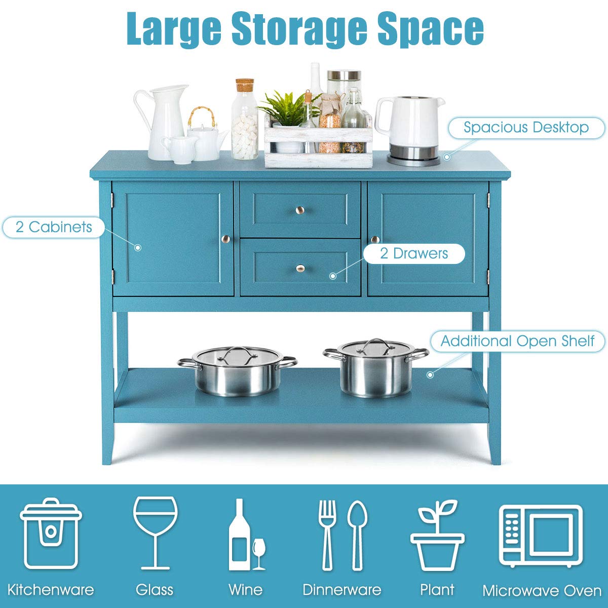 Furniga Wood Buffet Sideboard with Drawers & Cabinets for Living Room Dining Kitchen - Blue
