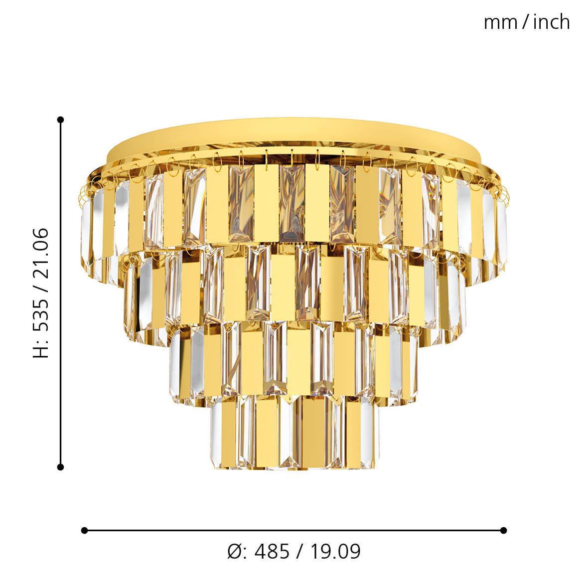 Eglo Erseka Brass Plates & Clear Glass Crystal Flush Ceiling Light Fixture - Elegant Lighting for Bedroom, Living Room, Dining Room, and Hallway