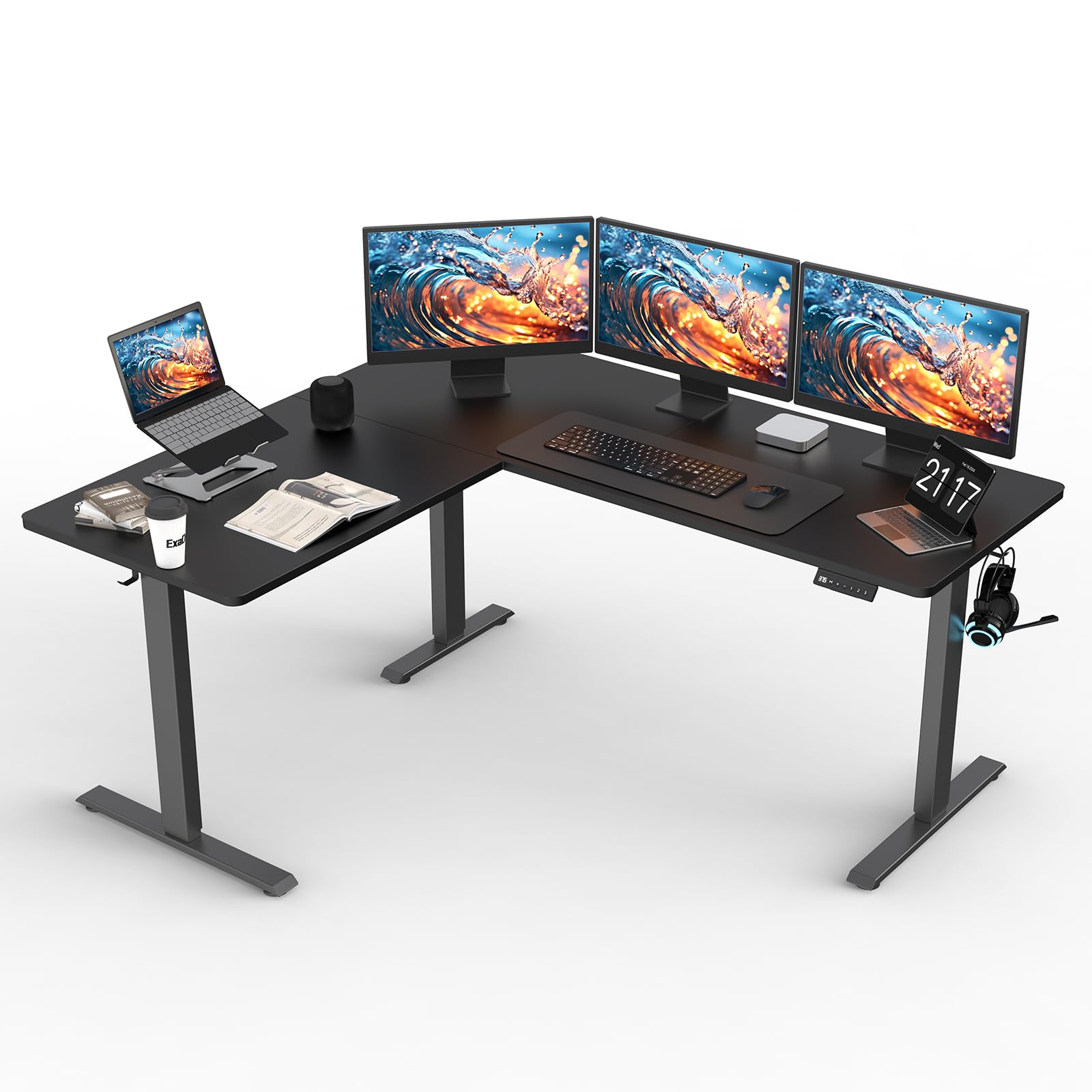 Upgrade 63 x 55 Inch L-Shaped Electric Standing Desk - Adjustable Height Corner Computer Desk for Home Office & Gaming | Ergonomic Sit Stand Workstation for Small Spaces & Multiple Monitors Setup