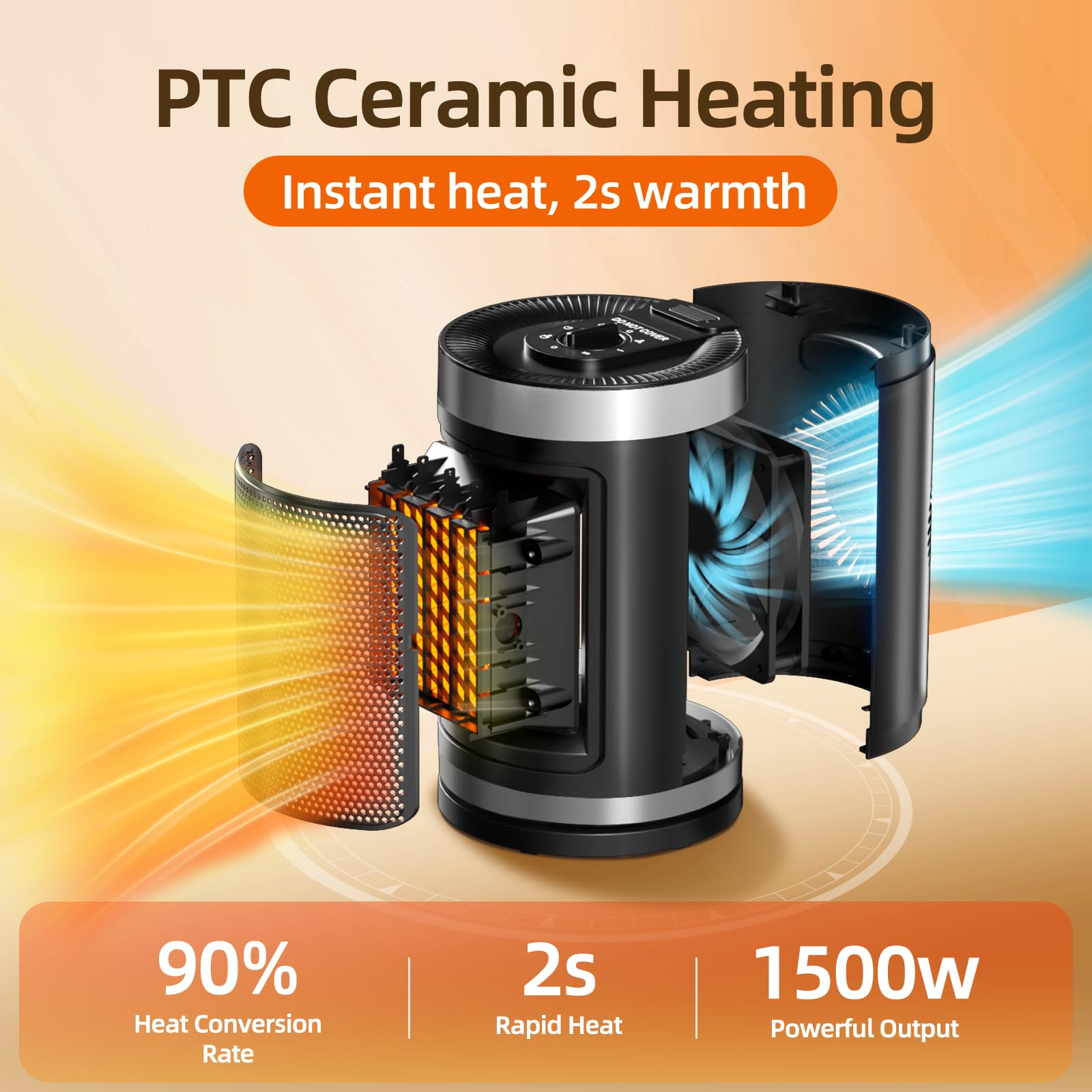 1500W PTC Ceramic Space Heater - Portable Electric Heater with Knob Control, 2 Heat Settings, Overheat & Tilt Protection for Office, Bedroom & Small Spaces - Fast Heating Indoor Heater for Winter, Home & Workspace