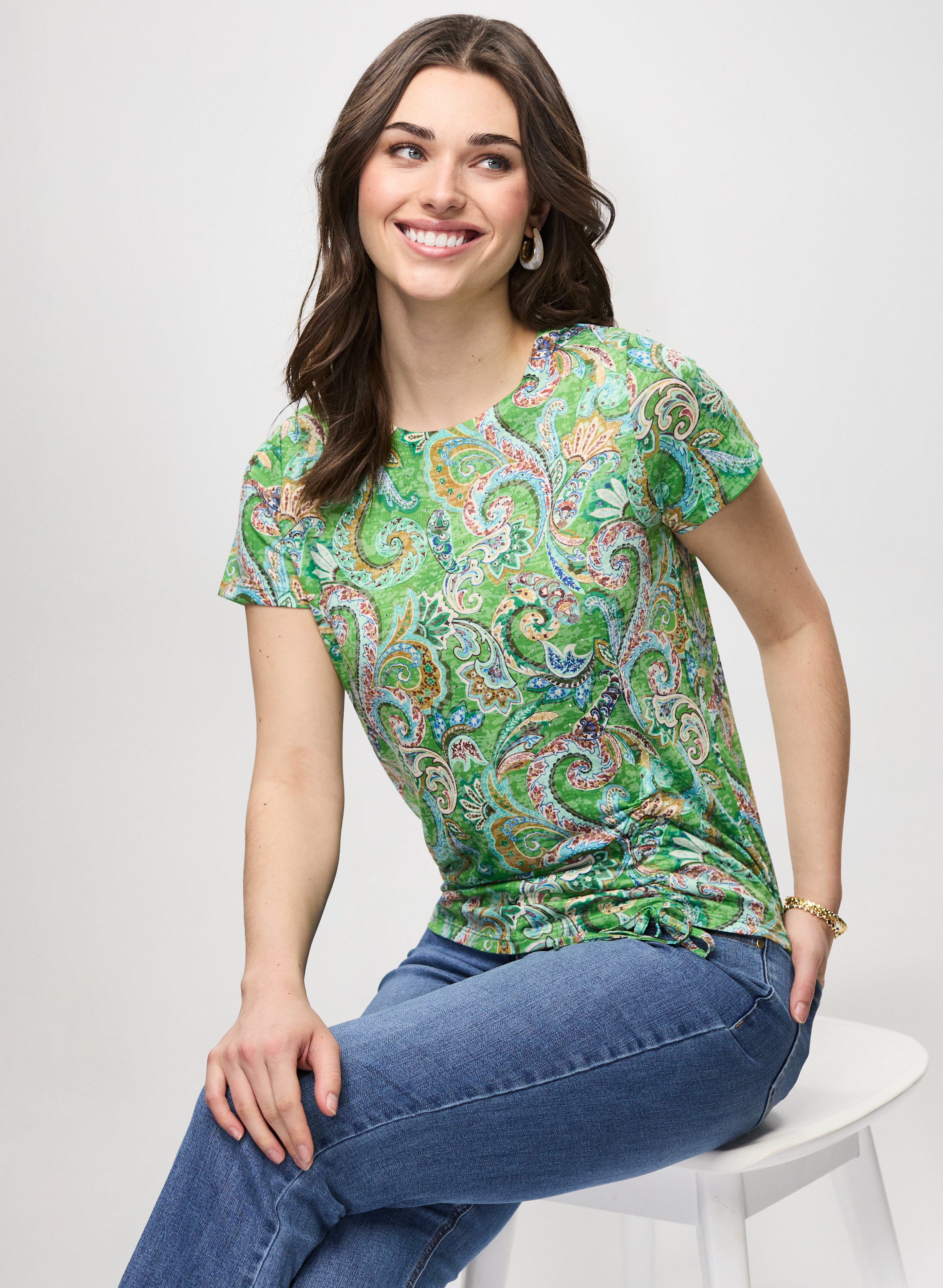 Stylish Paisley Print Drawstring Detail T-Shirt for Men & Women - Perfect for Casual Outings, Streetwear Fashion, and Everyday Comfort