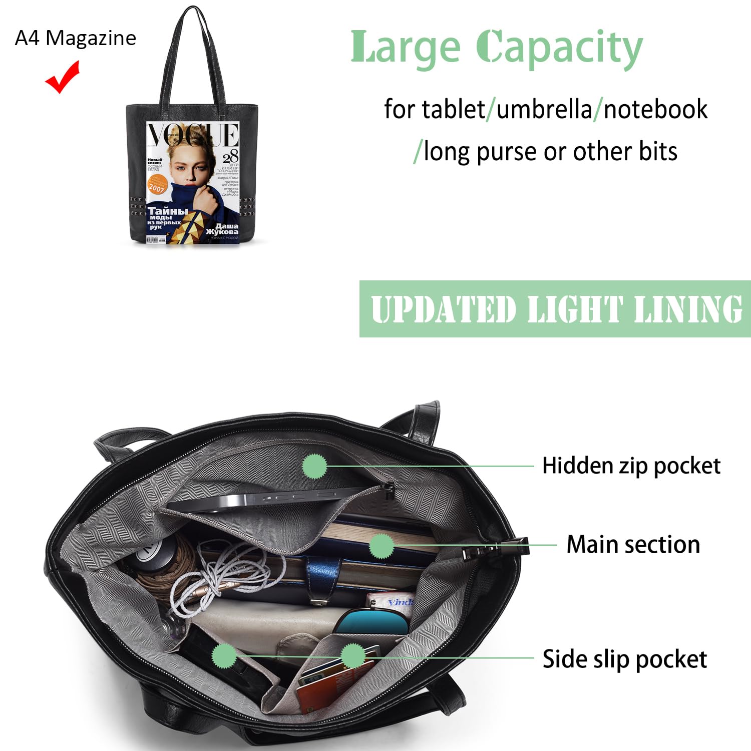 Stylish Large PU Leather Tote Bag for Women - Studded Shoulder Bag with Long Handles - Perfect for Work, Shopping & School - Black Women's Handbag