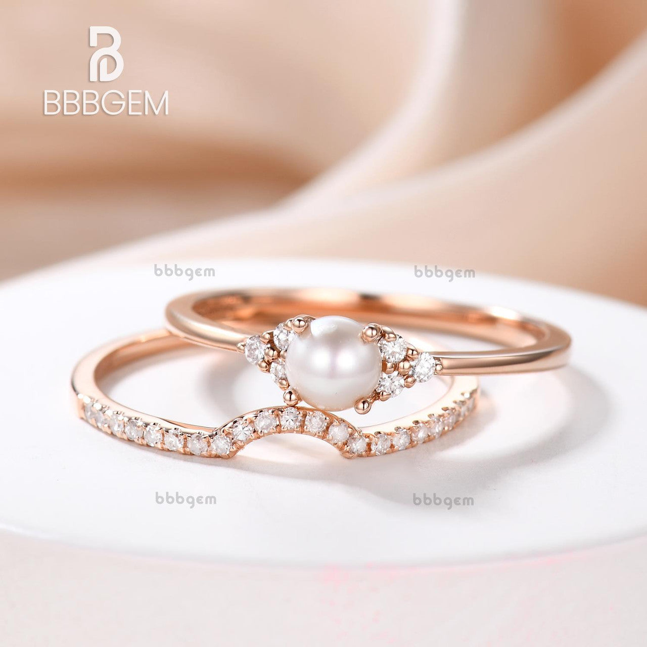 Rose Gold Pearl & Diamond Engagement Ring Set - Vintage Art Deco Bridal Stacking Rings for Women, Anniversary & Birthstone Gift (2-Piece Set) | Perfect for Weddings, Proposals & Special Occasions