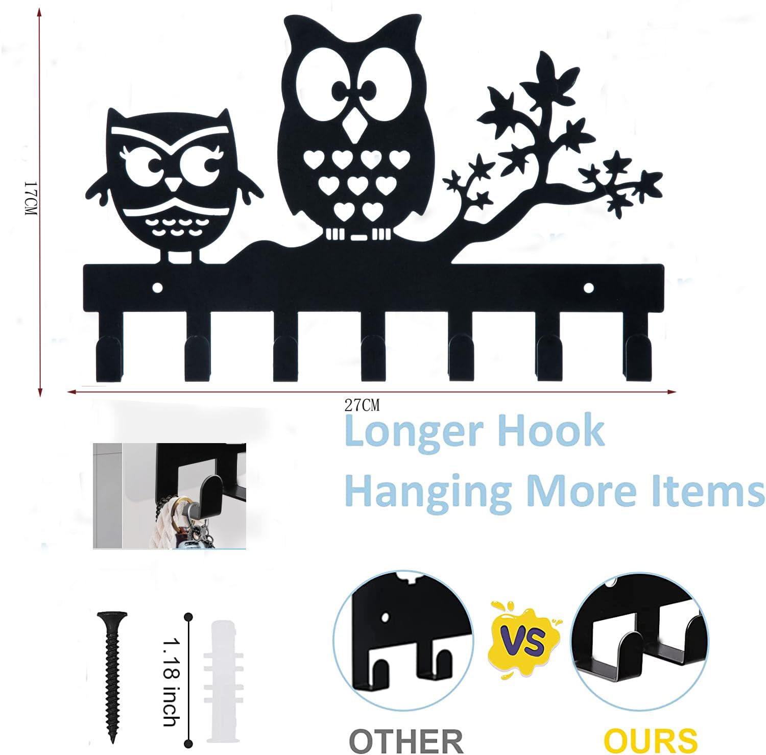 FairyCity Metal Owl Key Holder Wall Mount - 27cm x 17cm Key Organizer with 7 Hooks, Black - Perfect for Entryway, Bedroom, or Office Key Storage and Home Decor