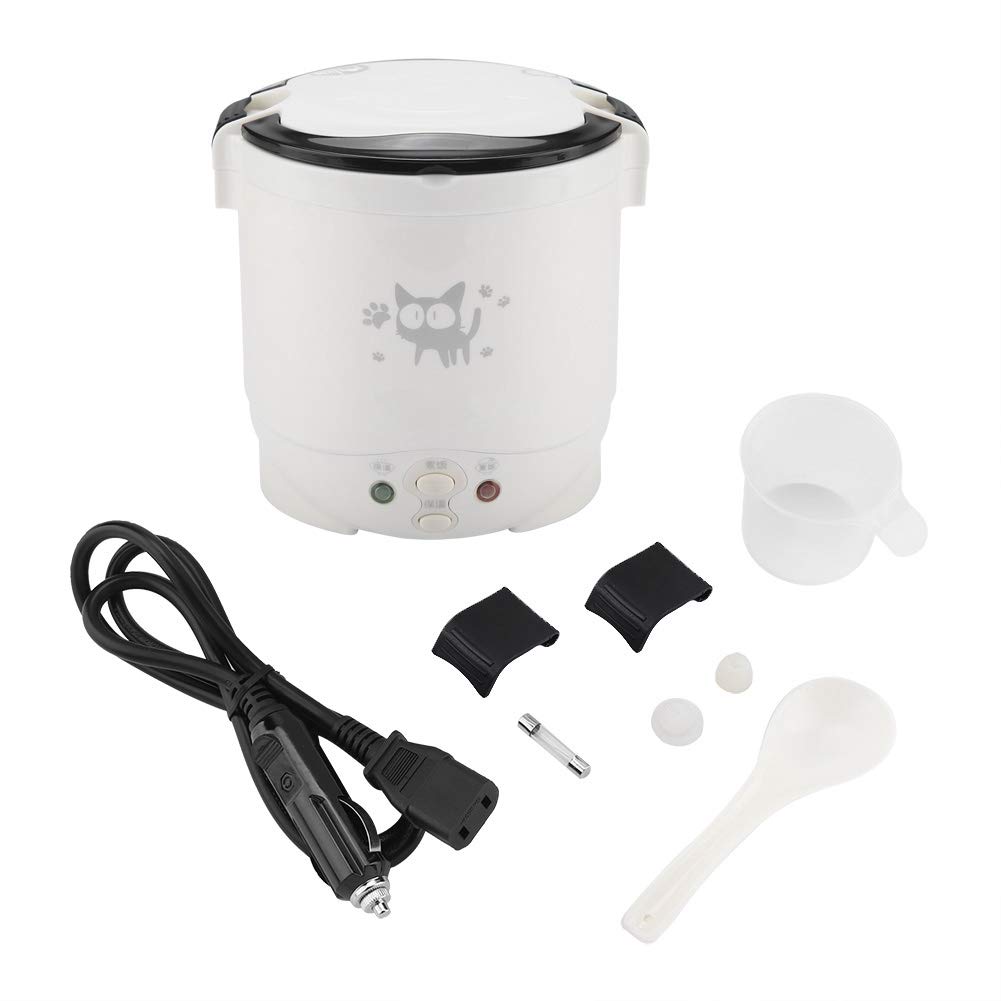 12V 100W Mini Rice Cooker Steamer - 1L Portable Electric Travel Rice Cooker for Car, Home & Office - Multi-Function Cooking & Steaming Lunch Box for Raw Food (White) - Perfect for Road Trips, Camping & Small Spaces