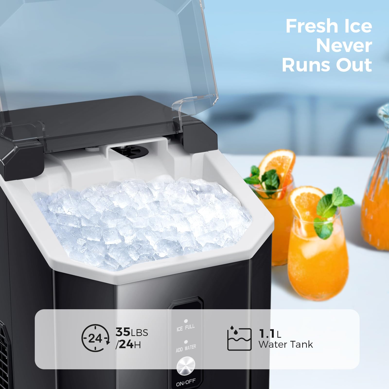 AGLUCKY Countertop Nugget Ice Maker - Portable 35lbs/24H Pebble Ice Machine with Handle, One-Click Operation for Home, Kitchen, Office (Black) | Perfect for Cocktails, Sodas & Outdoor Parties