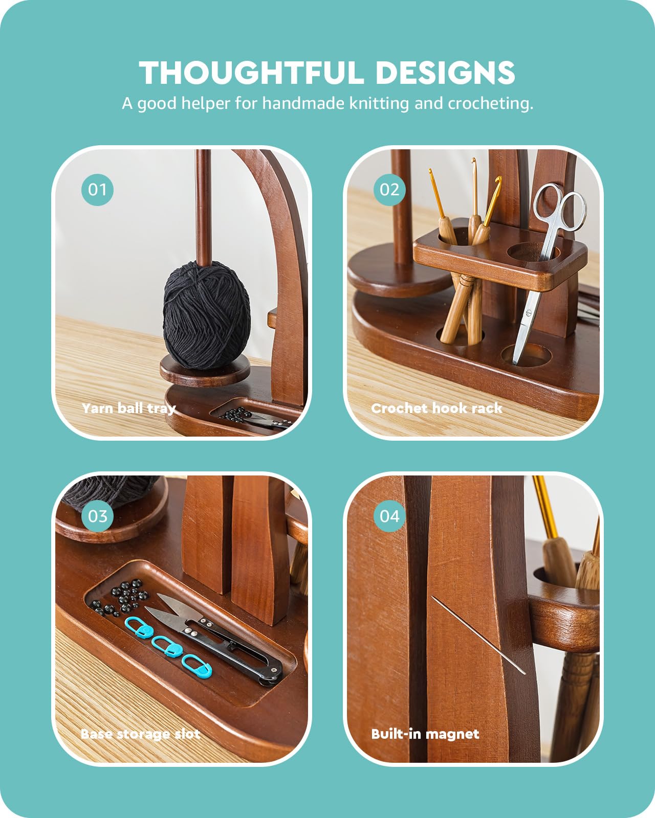 Baffect Magnetic Yarn Holder - Wooden Yarn Ball Holder with Double Spindles - Spinning Yarn Storage for Crochet & Knitting - Perfect for Crafting, DIY Projects & Home Organization