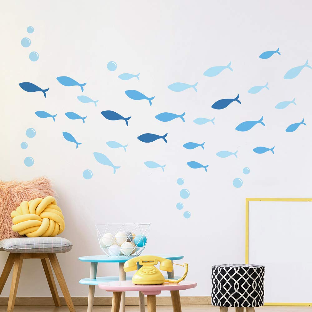 42-Piece Ocean Fish Wall Decals with Bubbles - Blue Fish Wall Stickers for Kids' Room Decor | Underwater Theme Nursery & Playroom Wall Art