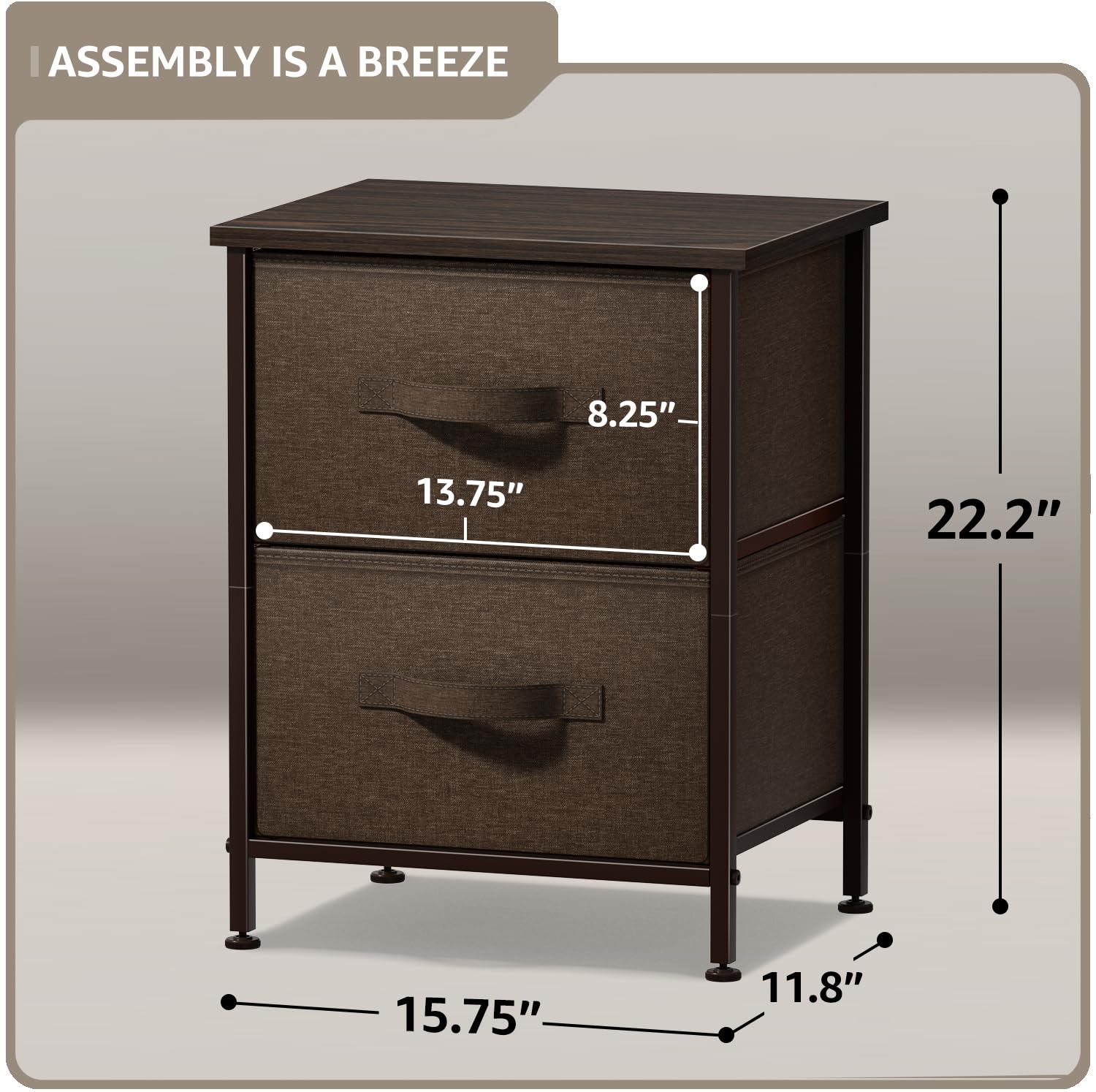 Sorbus 2-Drawer Nightstand - Bedside Table with Steel Frame & Wood Top, Easy Pull Fabric Bins - Compact Dresser for Bedroom, Home & Office - Perfect for Small Spaces, Apartment Living & Guest Rooms