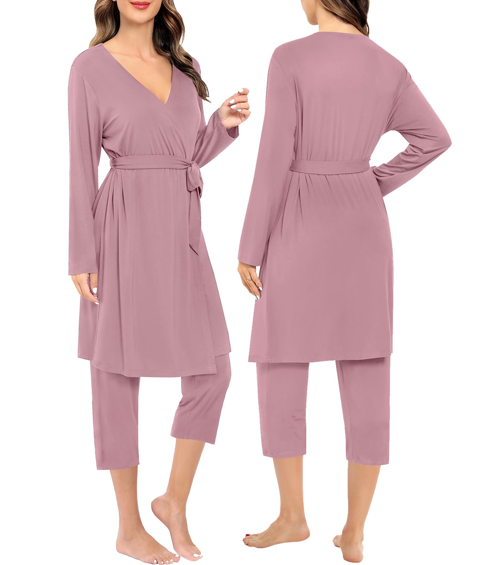 SWOMOG 3-Piece Maternity Nursing Robe Set - Breastfeeding Pajamas for Labor, Delivery & Postpartum - Soft Nursing Sleepwear for Pregnant Women | Perfect for Hospital Stay, Night Feeding & Comfortable Pregnancy Sleep