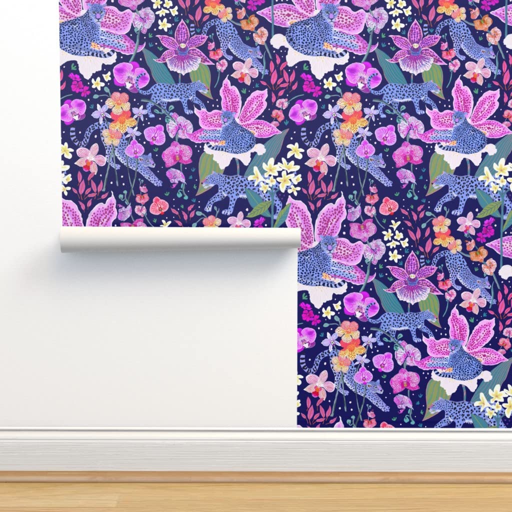 Commercial Grade Wallpaper 27ft x 2ft - Blue Leopard Garden Pink Tropical Traditional Peel & Stick Wallpaper for Living Room, Bedroom, Kitchen Decor | Spoonflower