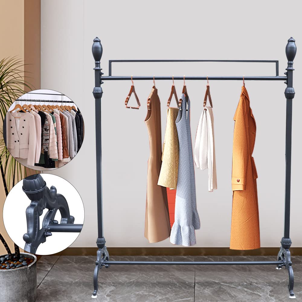 Industrial Heavy-Duty Rolling Clothes Rack with Shoe Shelf - Black Steel Garment Rack 47.2
