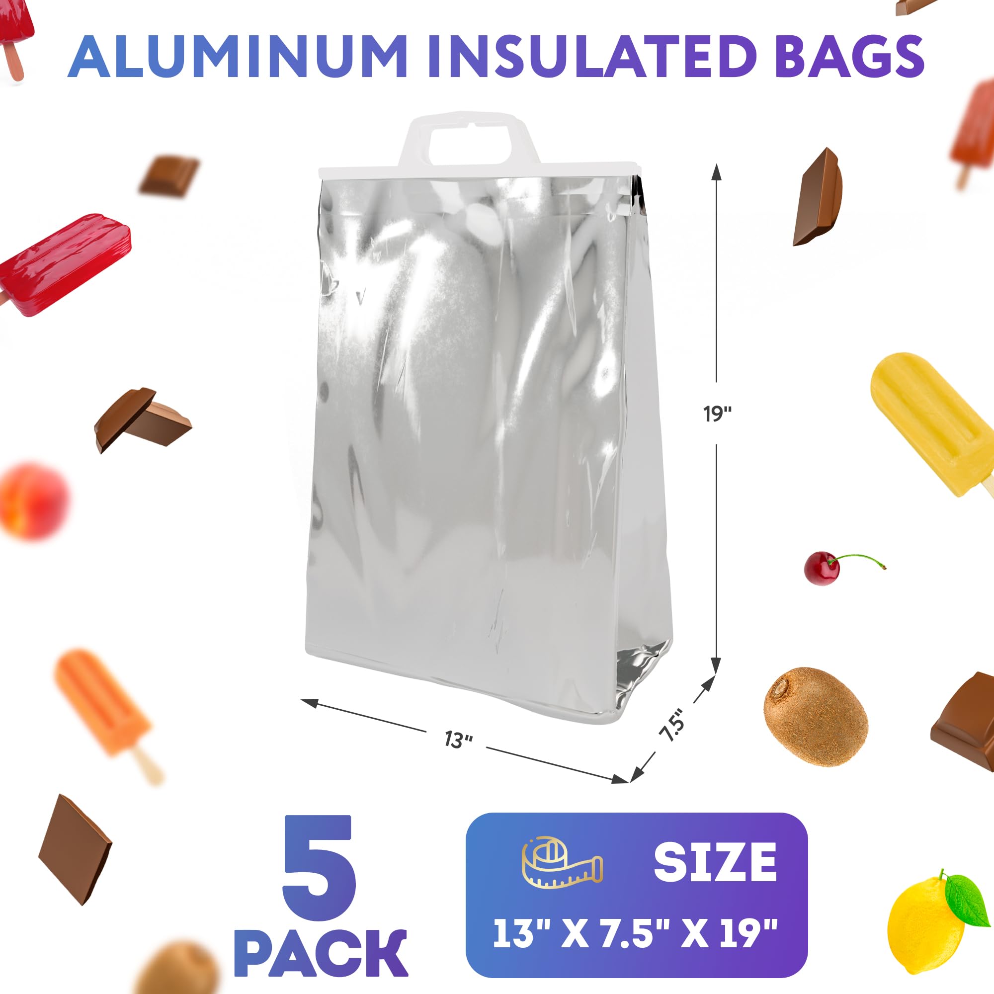 Insulated Shipping Bags for Food - 13 x 19 Inch Aluminum Thermal Bags (5 Pack) - Keep Hot & Cold Food Fresh - Perfect for Meal Delivery, Groceries & Catering