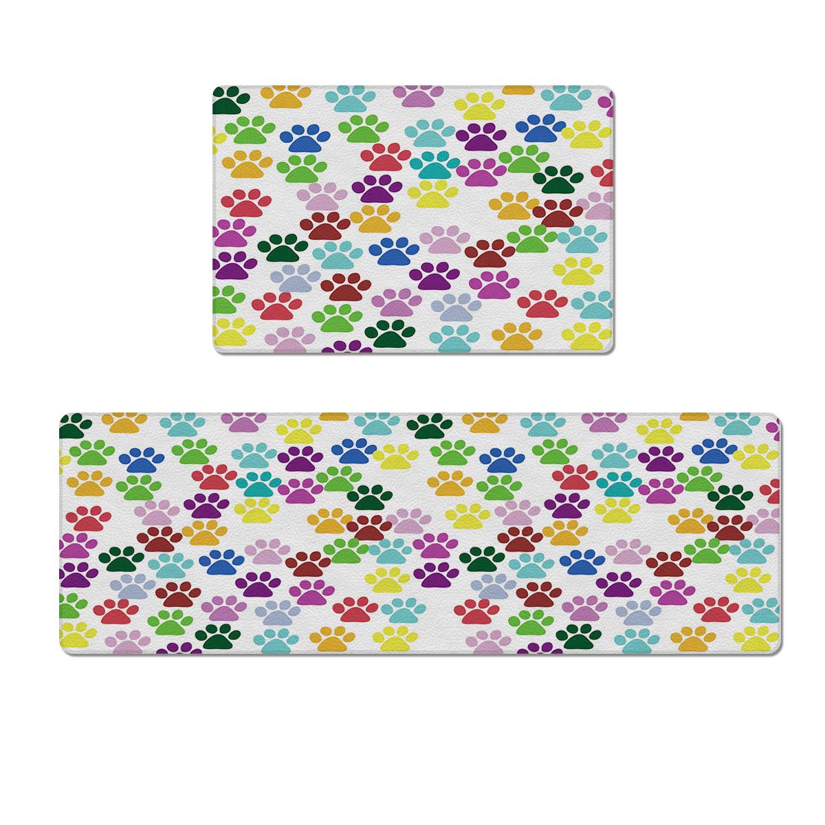 Non-Slip Kitchen Mat Set of 2 - Waterproof, Oil-Resistant Floor Rugs with Colorful Pet Paw Prints - 18