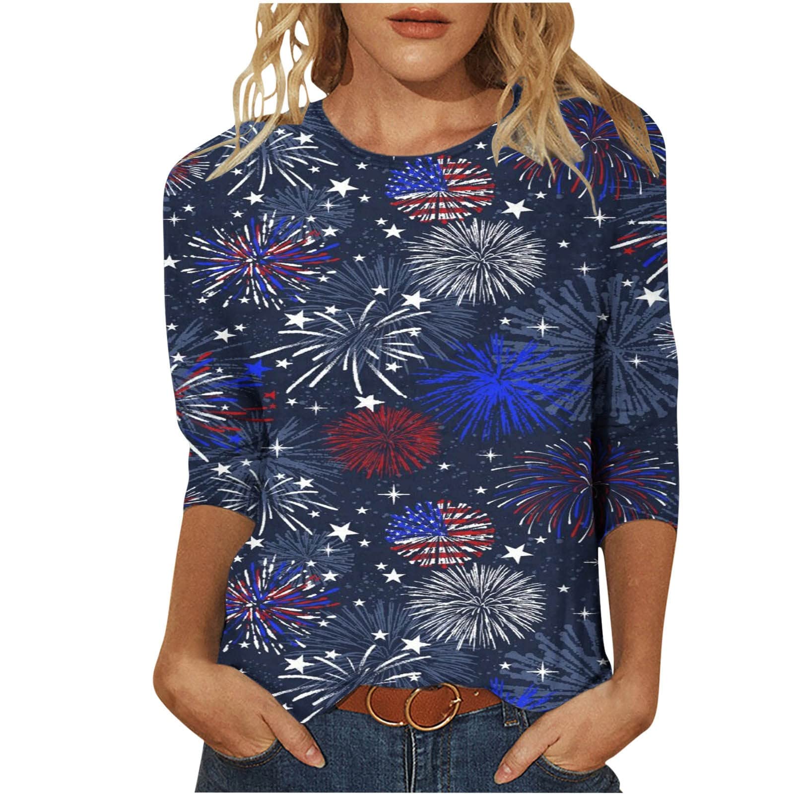 Patriotic 3/4 Sleeve Shirts for Women - USA Flag Themed Summer Tops - Perfect for 4th of July Outfits, Independence Day Celebrations & Summer Festivals