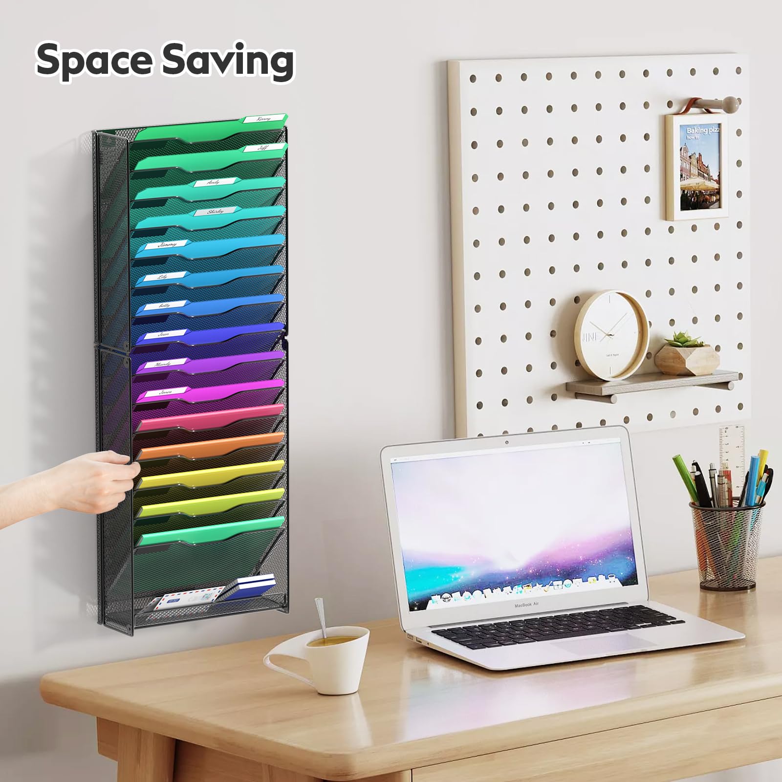Samstar 16-Tier Wall File Organizer - Hanging Wall Mount Paper Folder Holder, Mesh Magazine Rack for Office & Home Organization (Black) - Perfect for Desk, Wall, and Closet Storage