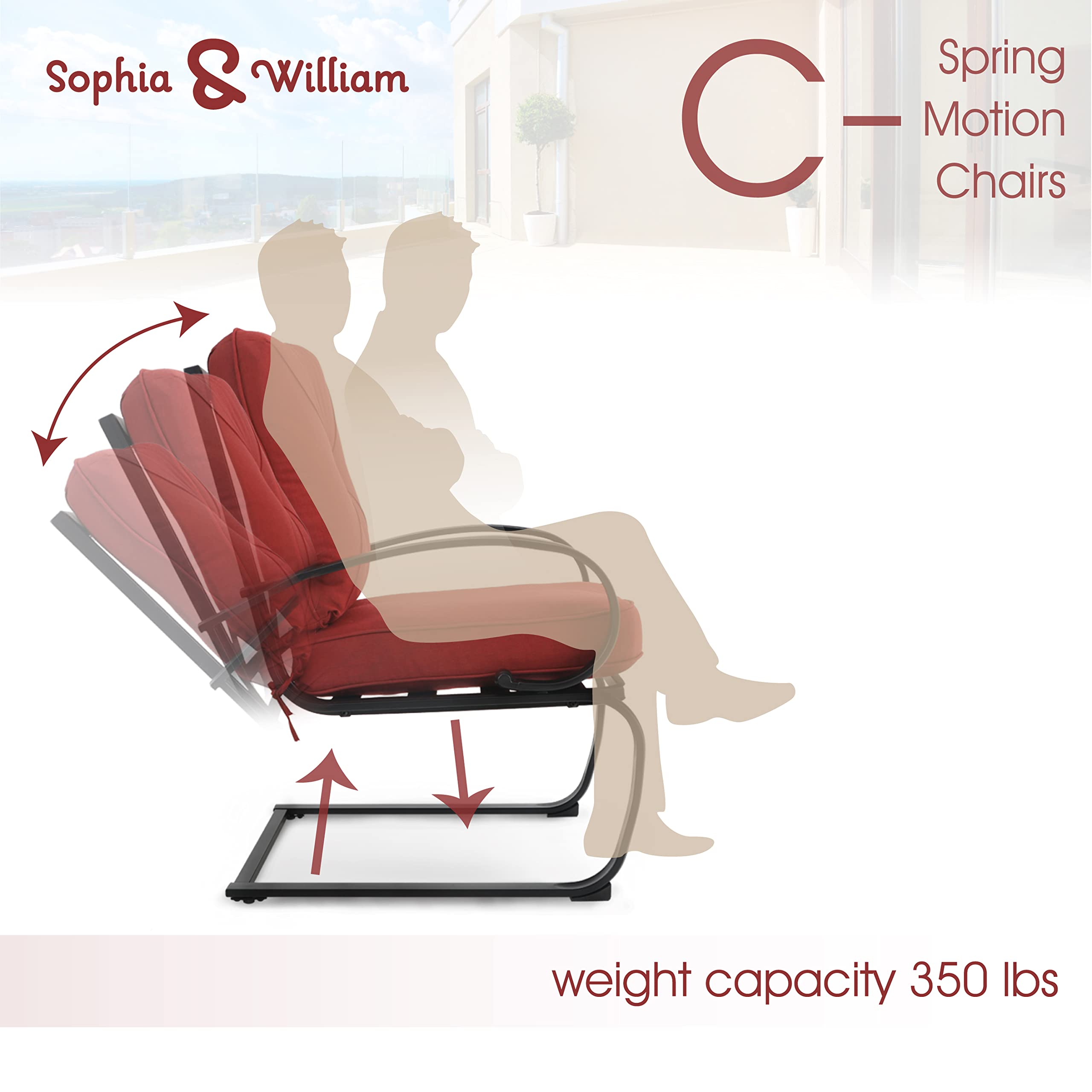 Sophia & William 4-Piece Patio Dining Chair Set - Outdoor Metal Spring Motion Chairs with Cushions for Deck, Lawn, Garden, Pool & Backyard - Red - Perfect for Outdoor Entertaining & Relaxation