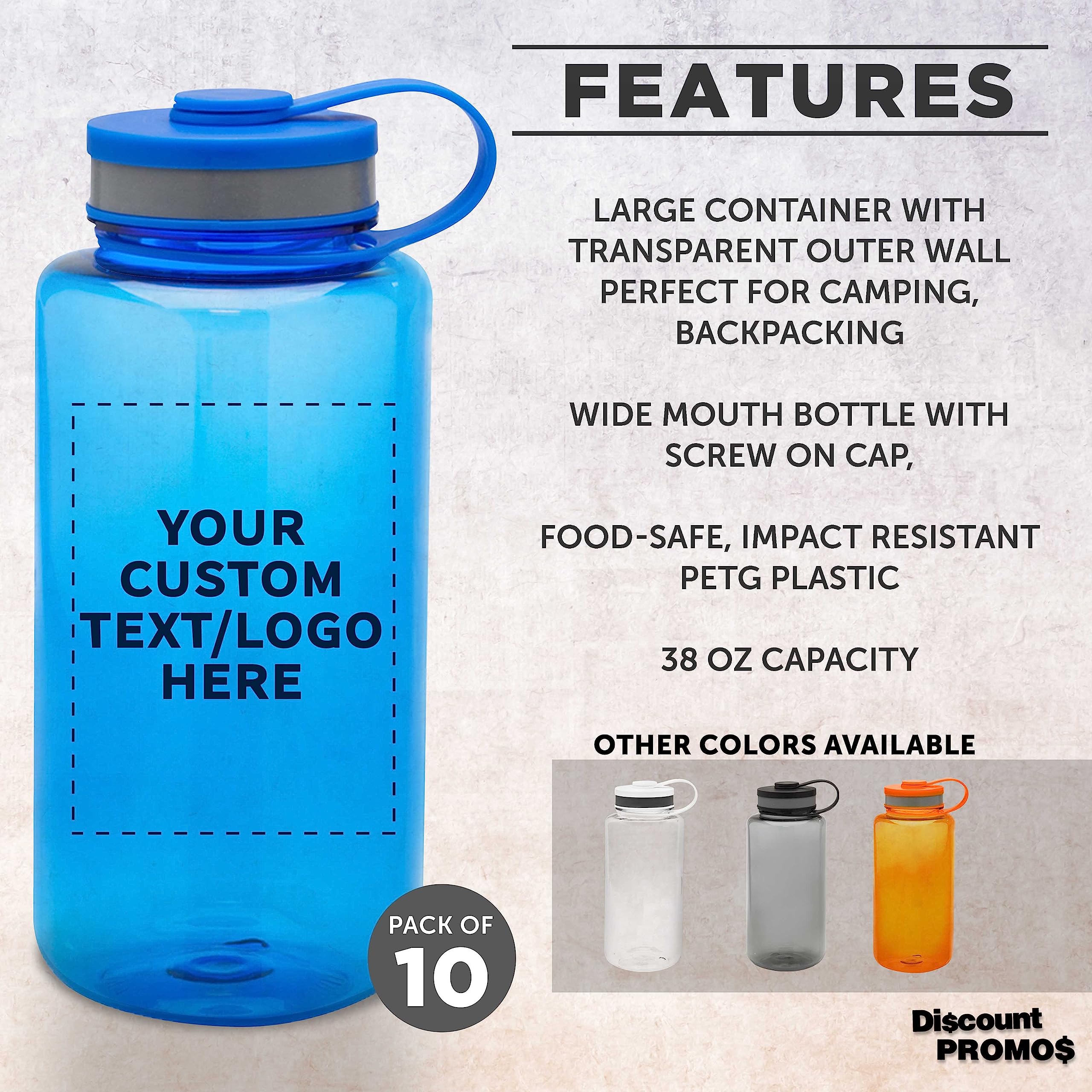 Custom 38 oz Plastic Sports Water Bottles with Flip Lid - Bulk Pack of 10, Personalized & Reusable - Perfect for Gym, Hiking, Cycling, Camping, Backpacking & School - Durable BPA-Free Bottles for Sports & Outdoor Activities - Blue