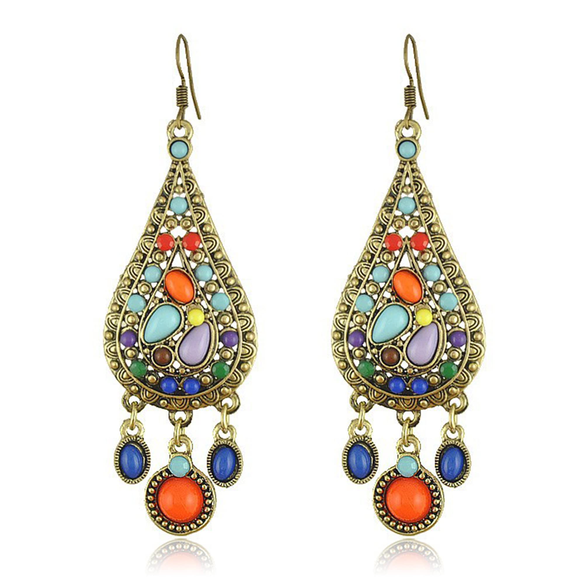 Bohemian Earrings for Women - Golden Retro Boho Dangle Drop Earrings with Colorful Tassels, Statement Jewelry Gift for Girls - Perfect for Festivals, Parties and Everyday Boho Style