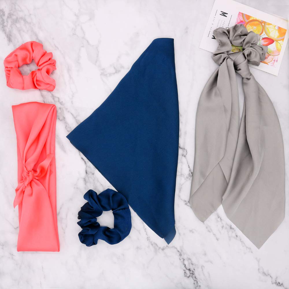Silk Satin Hair Scrunchies with Bow - 6 Pack Elastic Ponytail Holders for Women (6 Solid Colors) - Perfect for Daily Use, Workouts, and Special Occasions