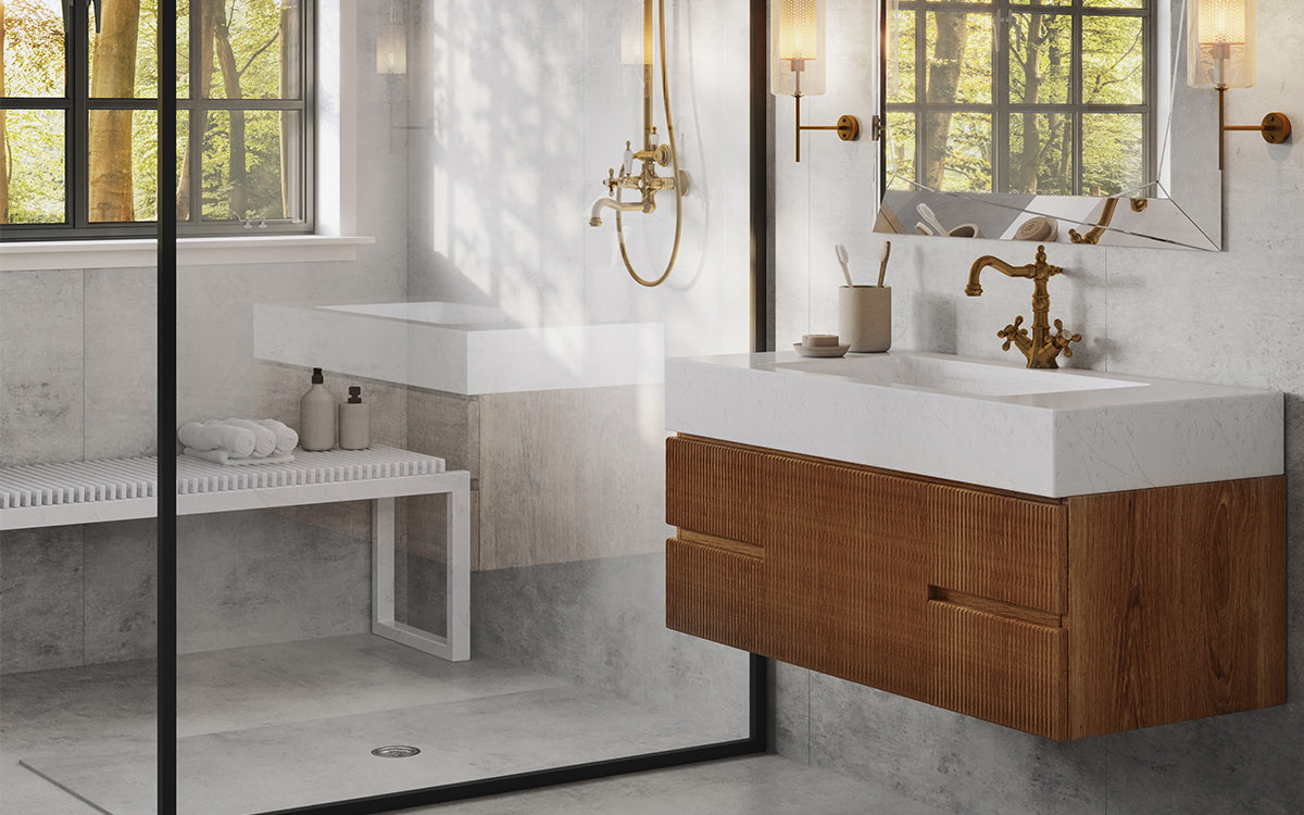 Corsica Gold Rio Blanco Floating Vanity - Modern Bathroom Vanity with Sink & Storage - Perfect for Small Bathrooms, Powder Rooms & Contemporary Home Decor