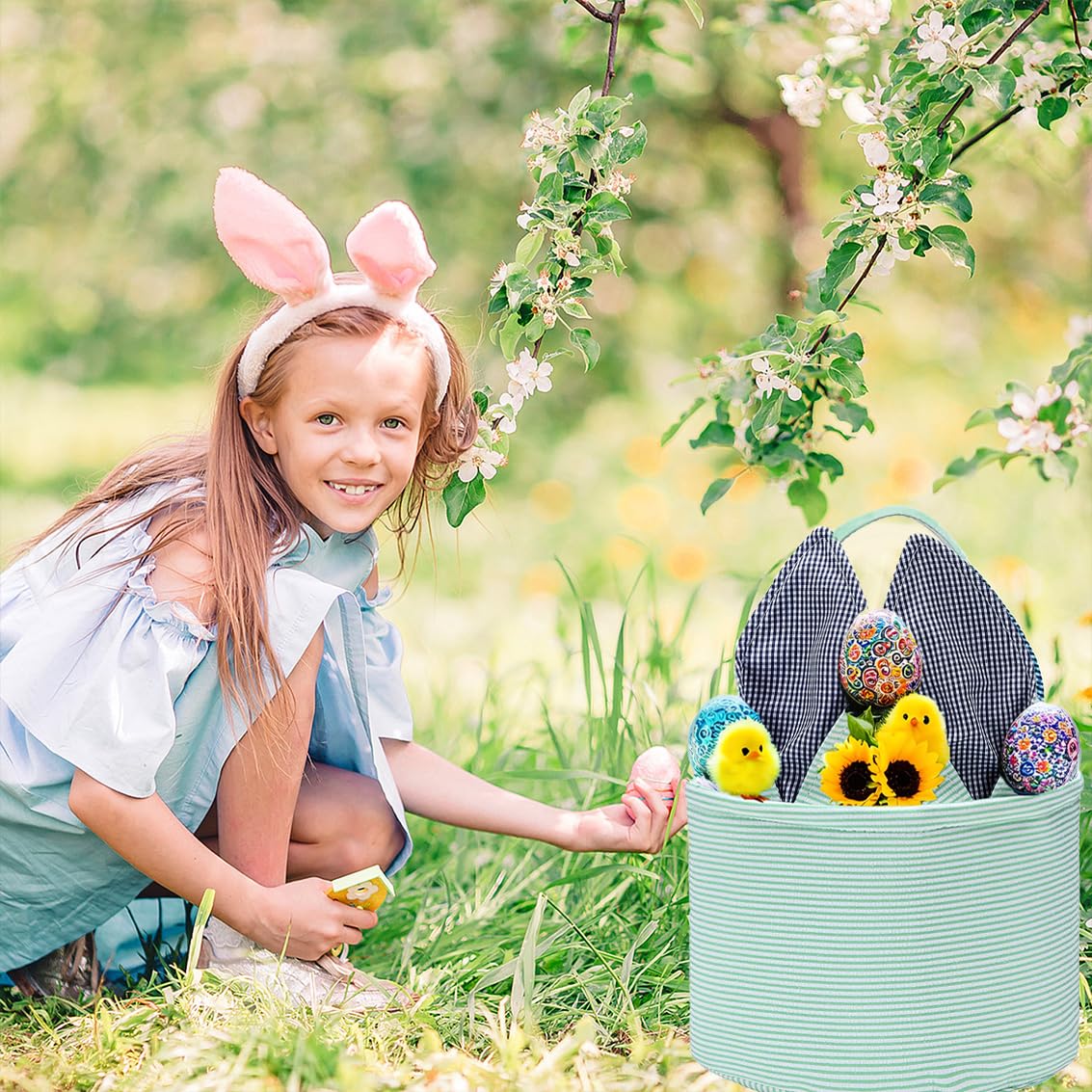 Easter Basket for Kids - Seersucker Egg Hunt Bunny Basket with Cute Rabbit Ears & Striped Design - Perfect for Easter Party Favors, Candy Storage & Personalized Gifts - Great for Easter Egg Hunts, Spring Celebrations & Holiday Decorations