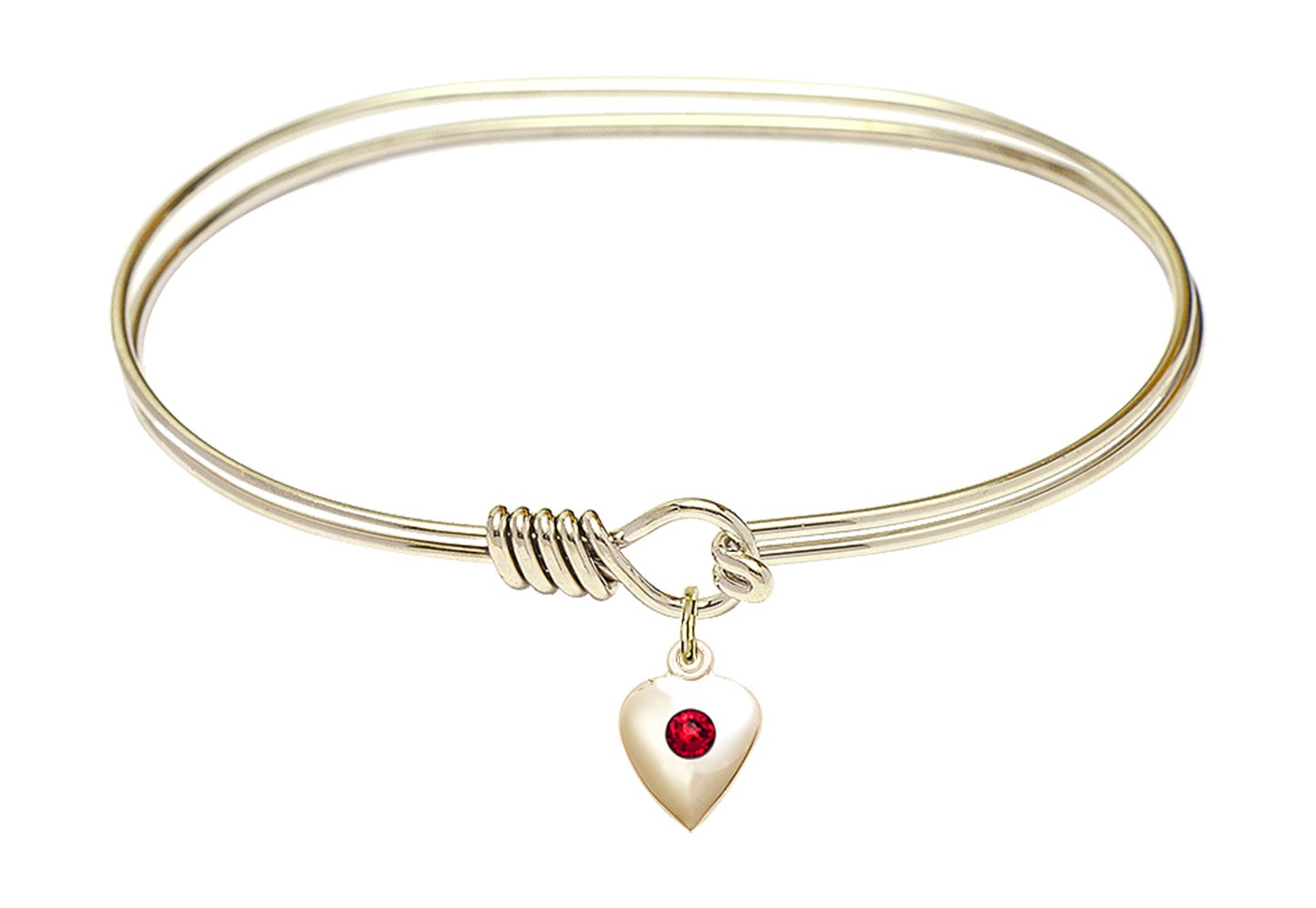 7 Inch Oval Eye Hook Bangle Bracelet with Heart Charm & July Red Crystal - Elegant Jewelry for Women, Perfect for Parties, Weddings, and Everyday Wear