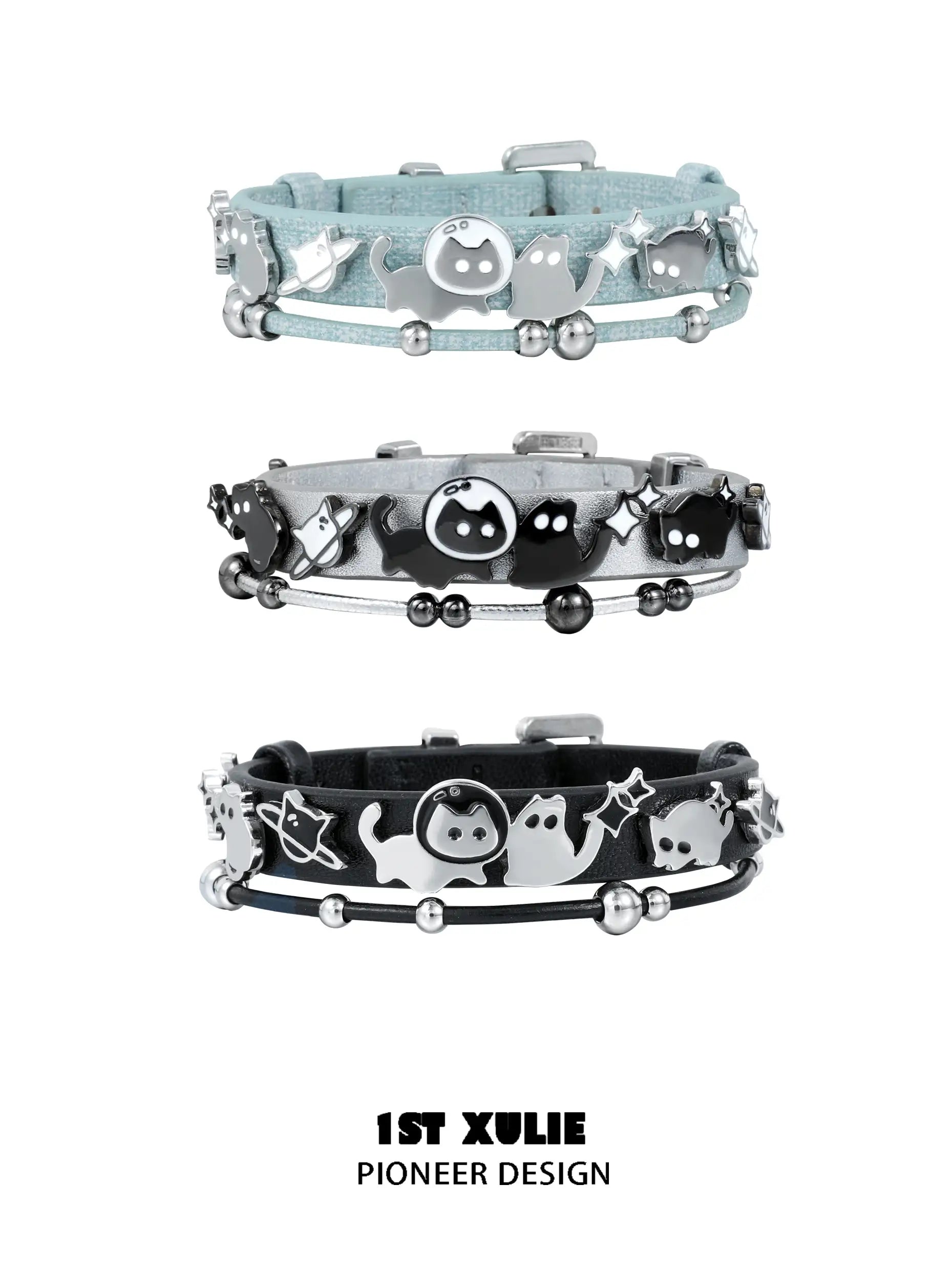 18K Black Gold Plated Leather Bracelet with Ghost & Black Cat Charm - Gothic Jewelry for Women, Perfect for Halloween, Witchy Aesthetic & Dark Fashion Accessories