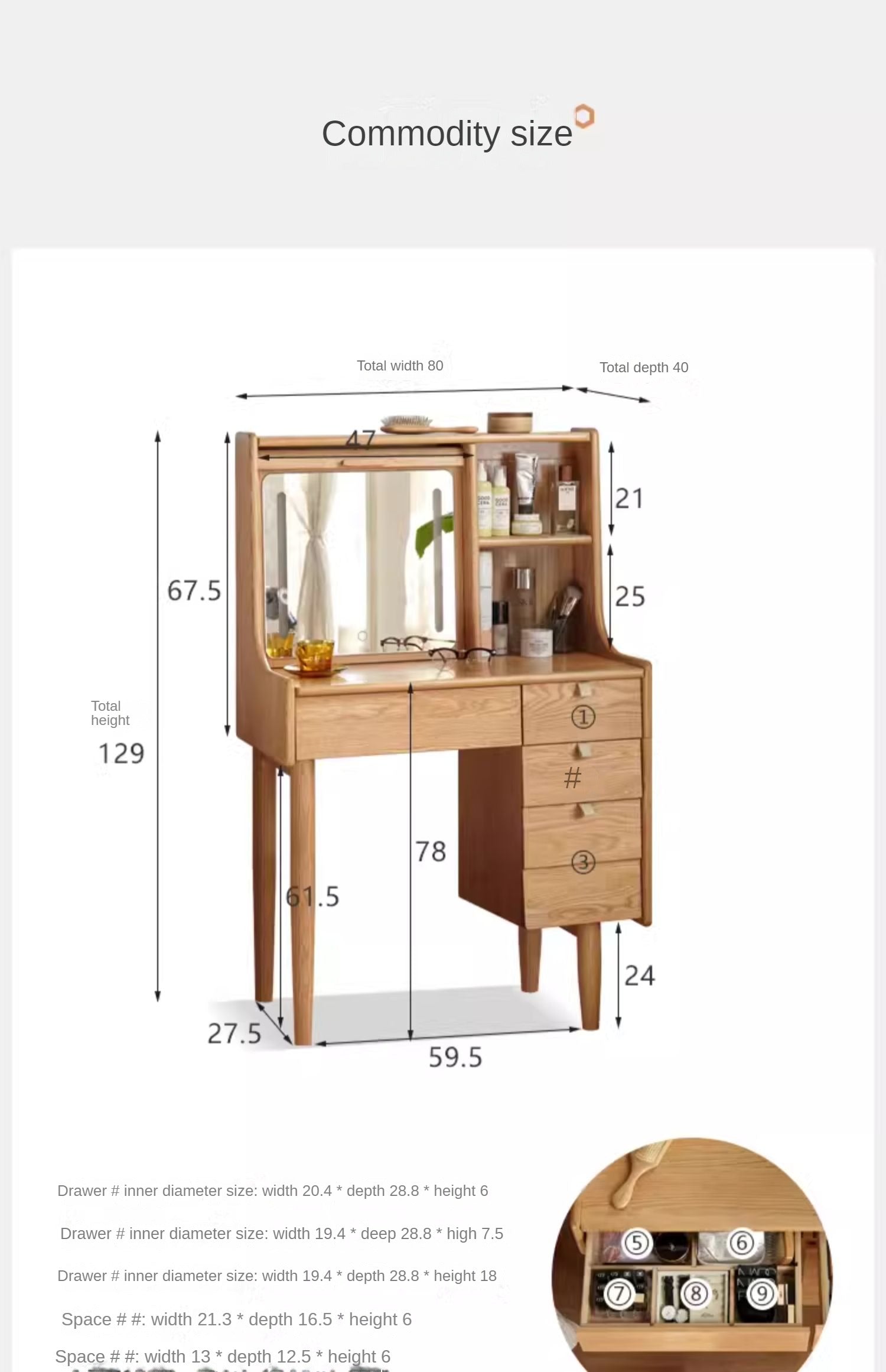 Solid Oak Wood Japanese Bamboo Curtain Dressing Table - Elegant Vanity Desk for Bedroom, Living Room, or Home Office Decor