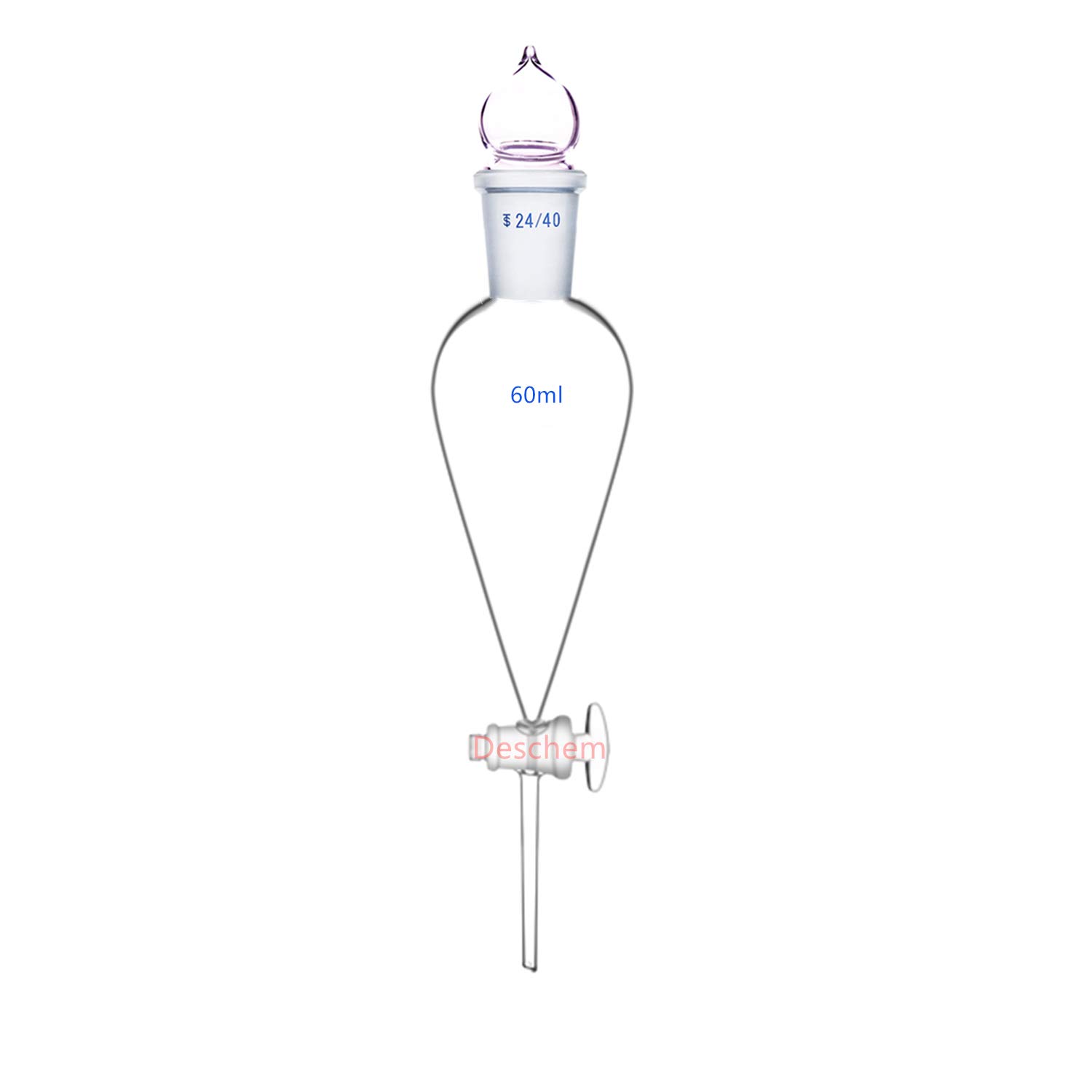 60ml 24/40 Lab Pyriform Separatory Funnel with Glass Stopcock & Drop Tube - Pear-Shaped Chemistry Glassware for Liquid Extraction in Laboratories
