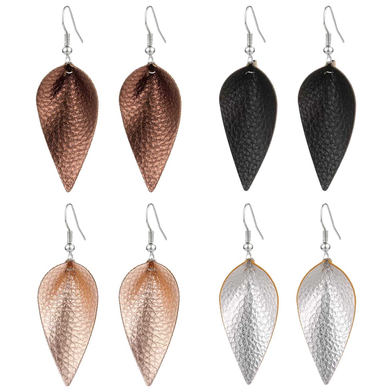 4 Pairs Bohemian Faux Leather Leaf Earrings for Women - Handmade Vintage Lightweight Teardrop Petal Dangle Drop Earrings Set | Perfect for Boho Chic Style, Casual Wear & Special Occasions