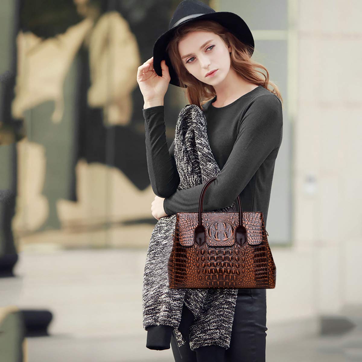 NICOLE & DORIS Women's Luxury Crocodile Print Top Handle Handbag - PU Leather Fashion Purse for Work, Party & Daily Use