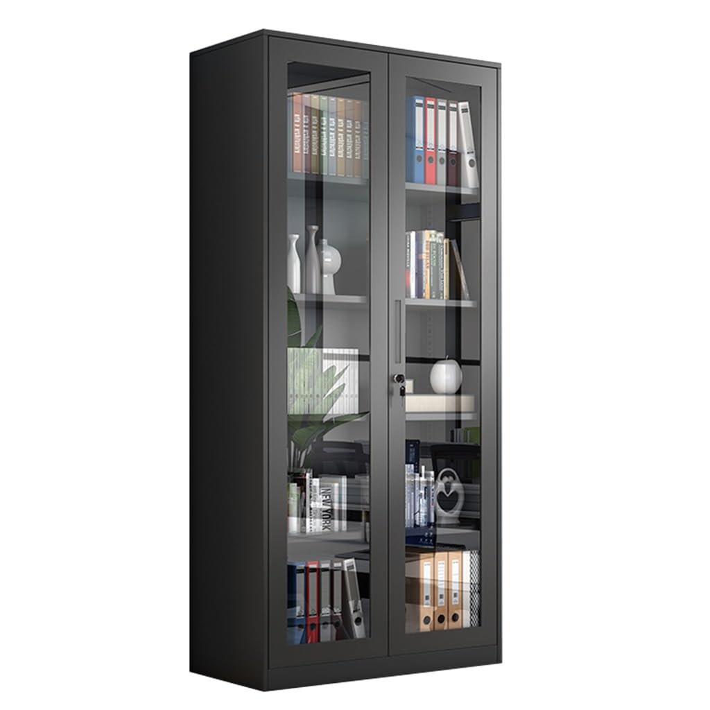 Sanzia 5-Tier Steel Lockable Display Cabinet with Glass Door & Adjustable Shelves - Bathroom Storage, Bookshelf, Bookcase, Office File Cabinet for Home & Office Organization