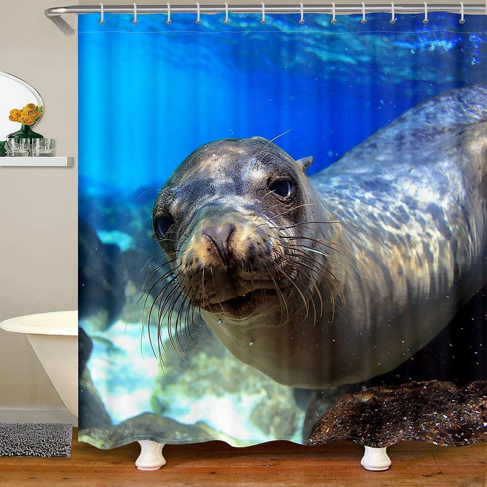 Waterproof Sea Lion Shower Curtain - 72x72 Inch Animal Theme Bathroom Decor with Hooks | Underwater World Design for Kids & Adults | Easy Wash & Durable Fabric for Bath, Beach House, or Poolside Use