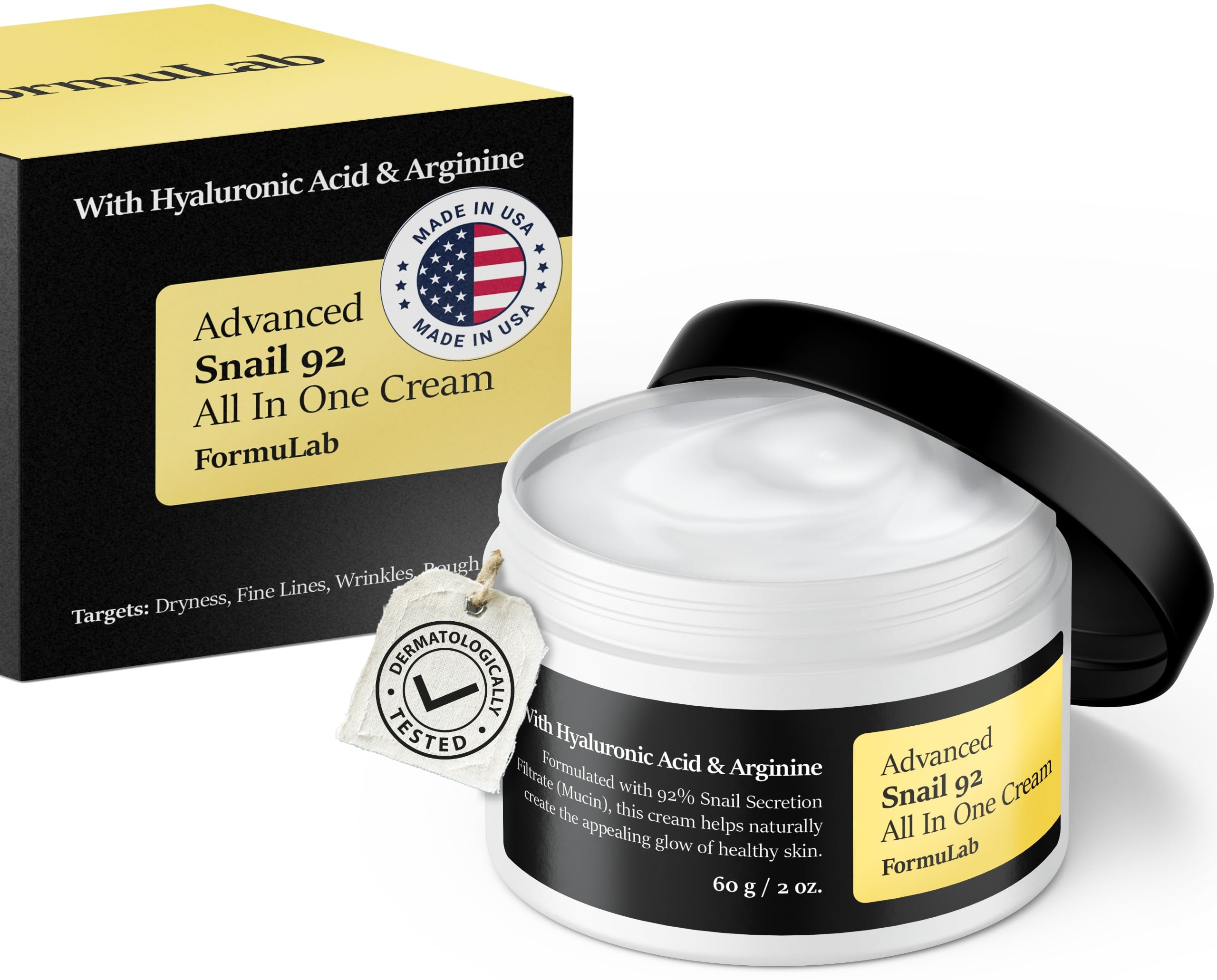 FORMULAB Advanced Snail 92 All In One Face Cream - Snail Mucin Moisturizer with Hyaluronic Acid for Hydration & Anti-Aging - Glass Skin Treatment (2oz) - Perfect for Daily Skincare Routine & Nighttime Repair