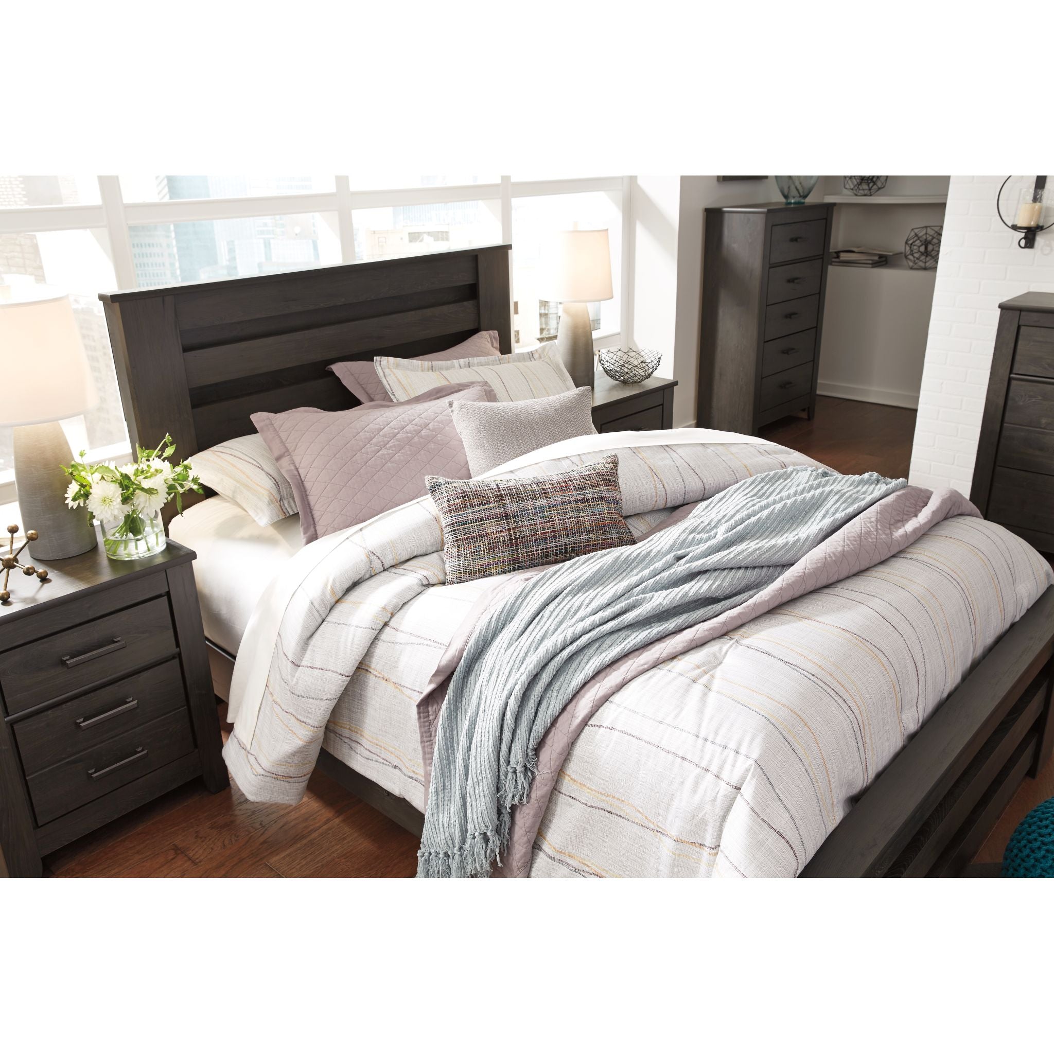 Brinxton Full Panel Bed Frame - Charcoal Grey Queen Size - Modern Platform Bed with Headboard & Footboard - Perfect for Master Bedroom & Guest Room