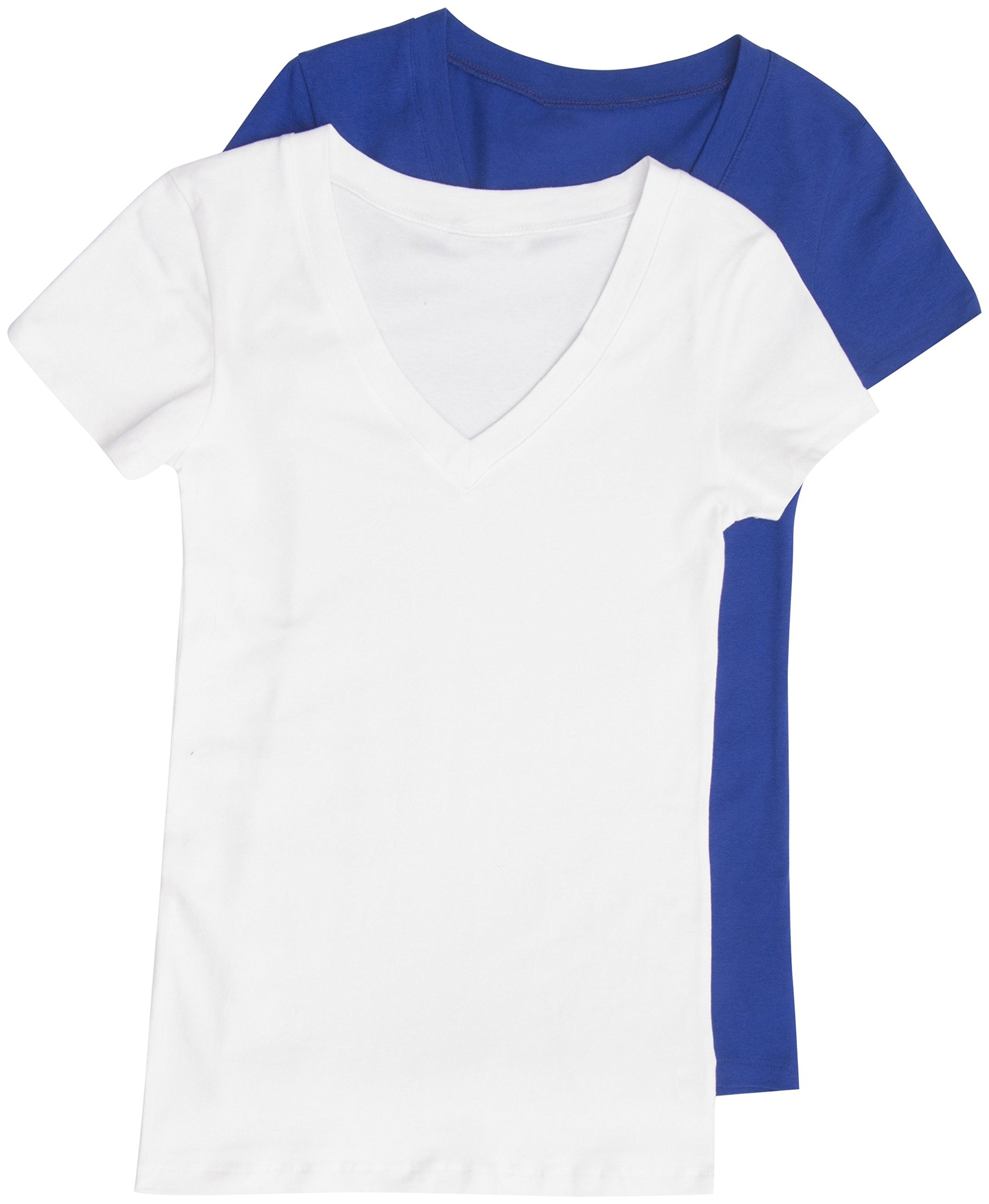 2 Pack Zenana Women's Basic V-Neck T-Shirts - Soft Cotton Casual Tees, Large, White & Royal Blue - Perfect for Everyday Wear, Layering and Workout Outfits