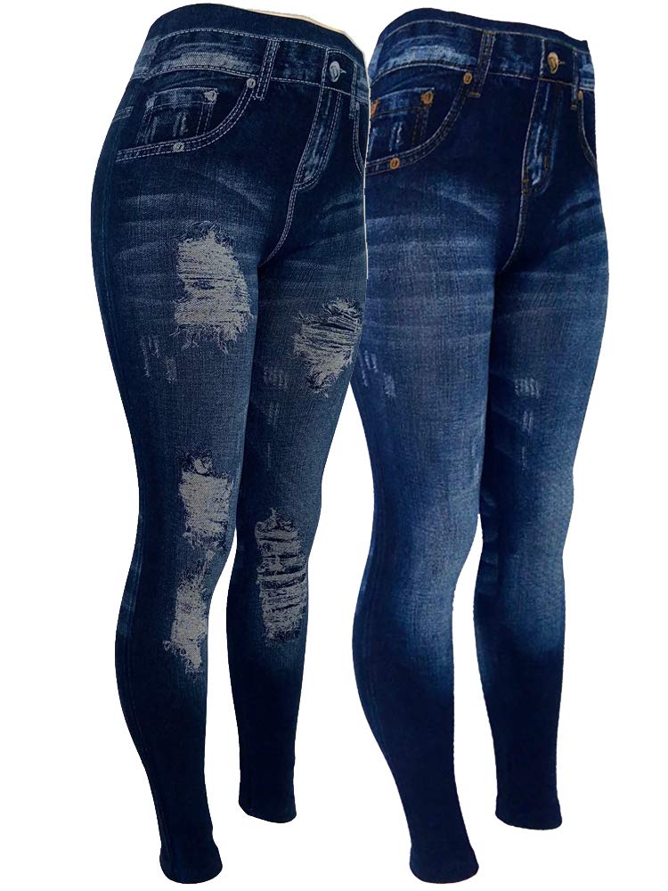 Women's Printed Denim Fleece Lined Leggings - Seamless Full Length Winter Tights for Yoga, Running & Casual Wear