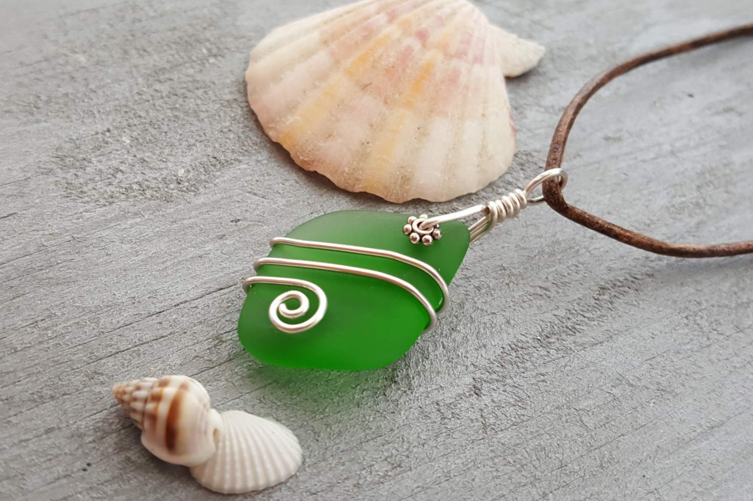 Handmade Hawaiian Necklace - Unisex Ocean Jewelry with Leather Cord & Wire Wrapped Sea Glass, May Birthstone Emerald Green Gift for Women & Men | Perfect for Beach Weddings, Birthday Presents & Tropical Vacations