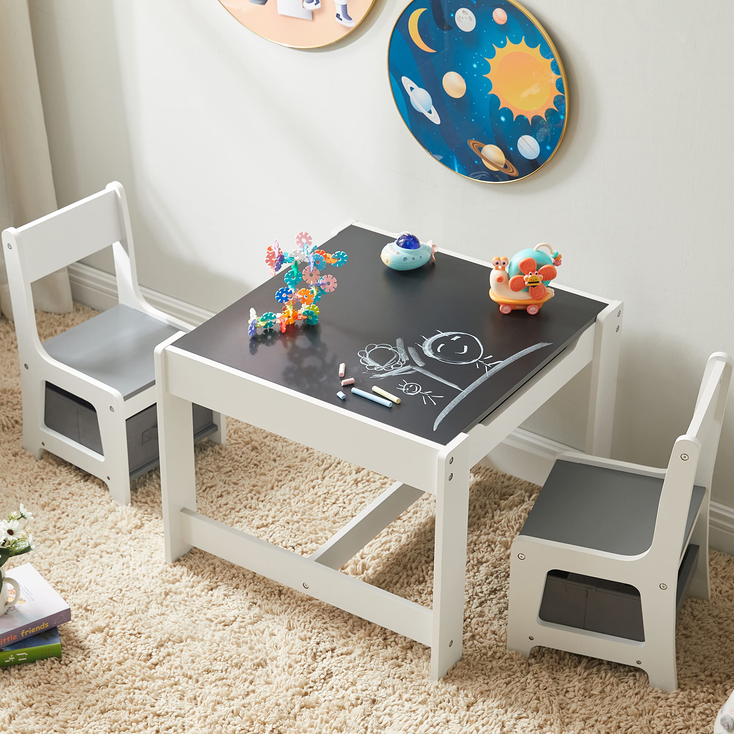 3-in-1 Wooden Kids Table and Chair Set with Storage Drawer - Toddler Activity Table for Drawing, Reading & Crafts - 2-in-1 Detachable Tabletop - Perfect for Nursery, Playroom & Homeschooling