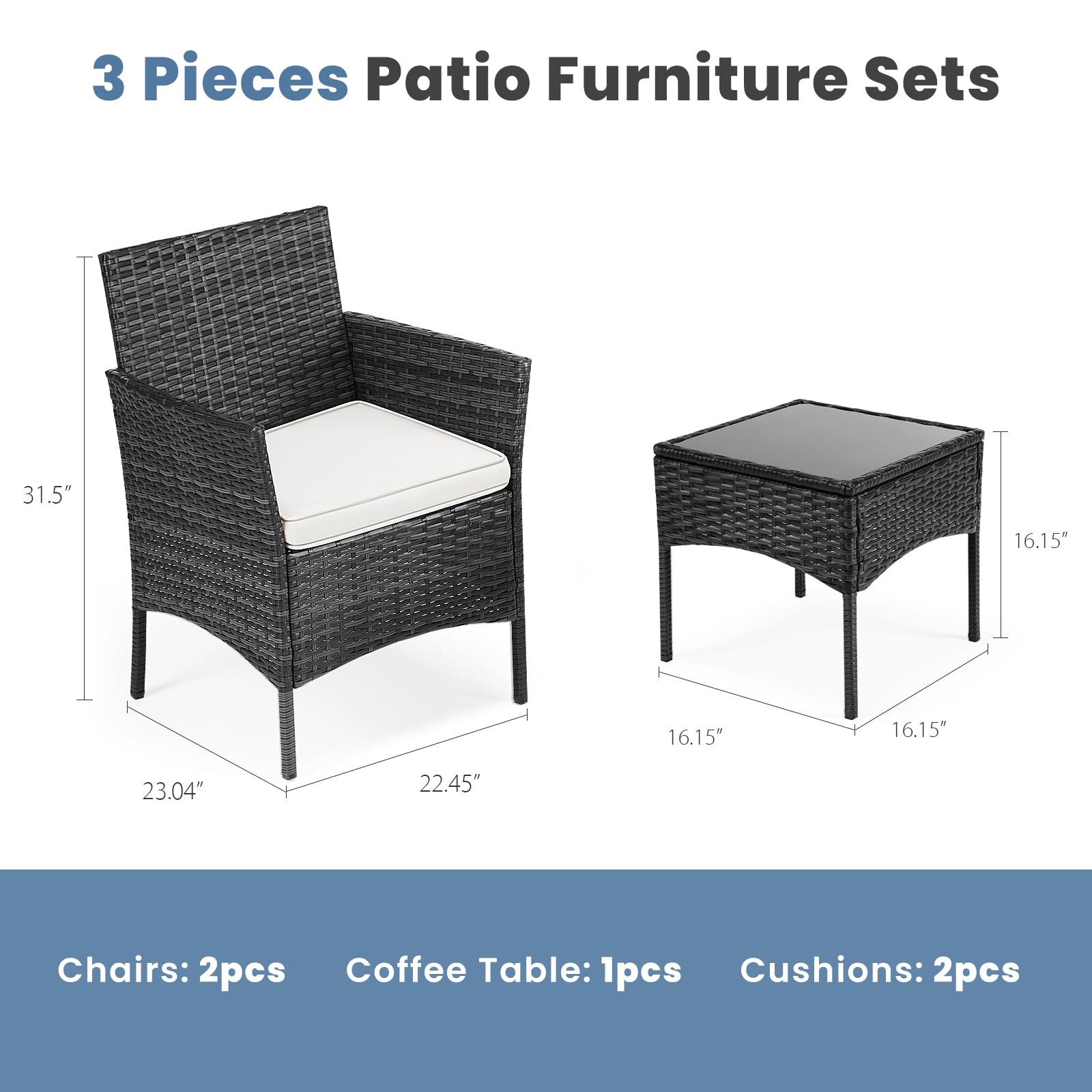 DUMOS 3-Piece Patio Furniture Set - Outdoor Wicker Rattan Sofa & Coffee Table - Modern Garden Conversation Set for Terrace, Porch, Balcony, Lawn (Black & Beige) | Perfect for Outdoor Relaxation & Entertaining