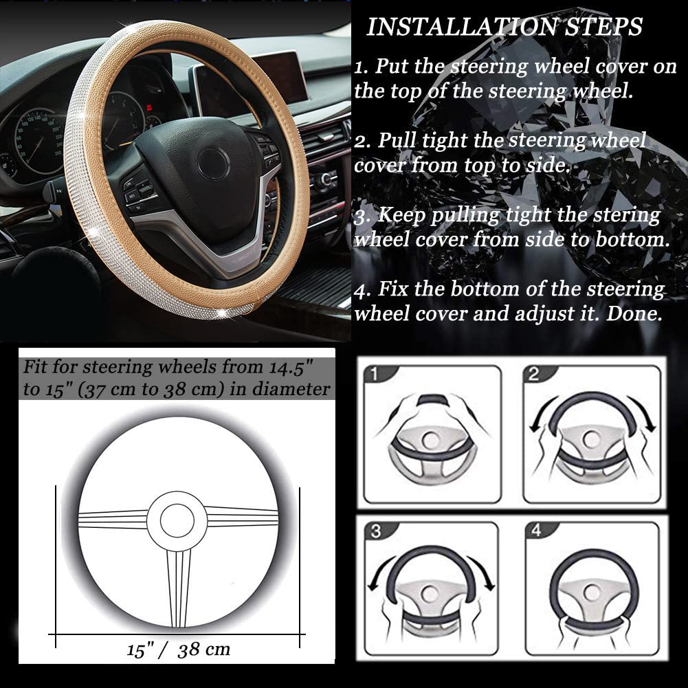 Diamond Rhinestone Leather Steering Wheel Cover - Universal 15 Inch Fit for Cars, SUVs & Trucks - Bling Crystal Design for Women & Girls (Gold) - Perfect for Luxury Cars, Gifts & Special Occasions